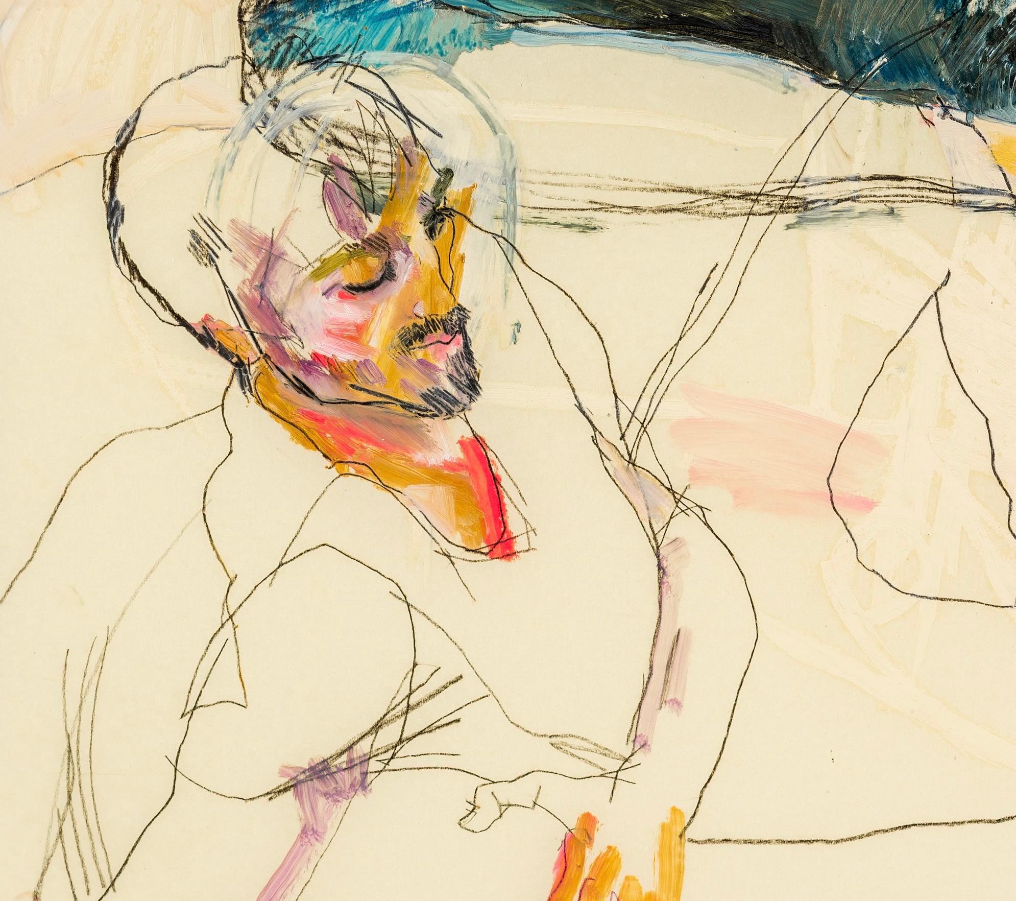 Giorgio (Due figure, rosa e blu), Tecnica mista su pergamena Pergameneta in vendita 2