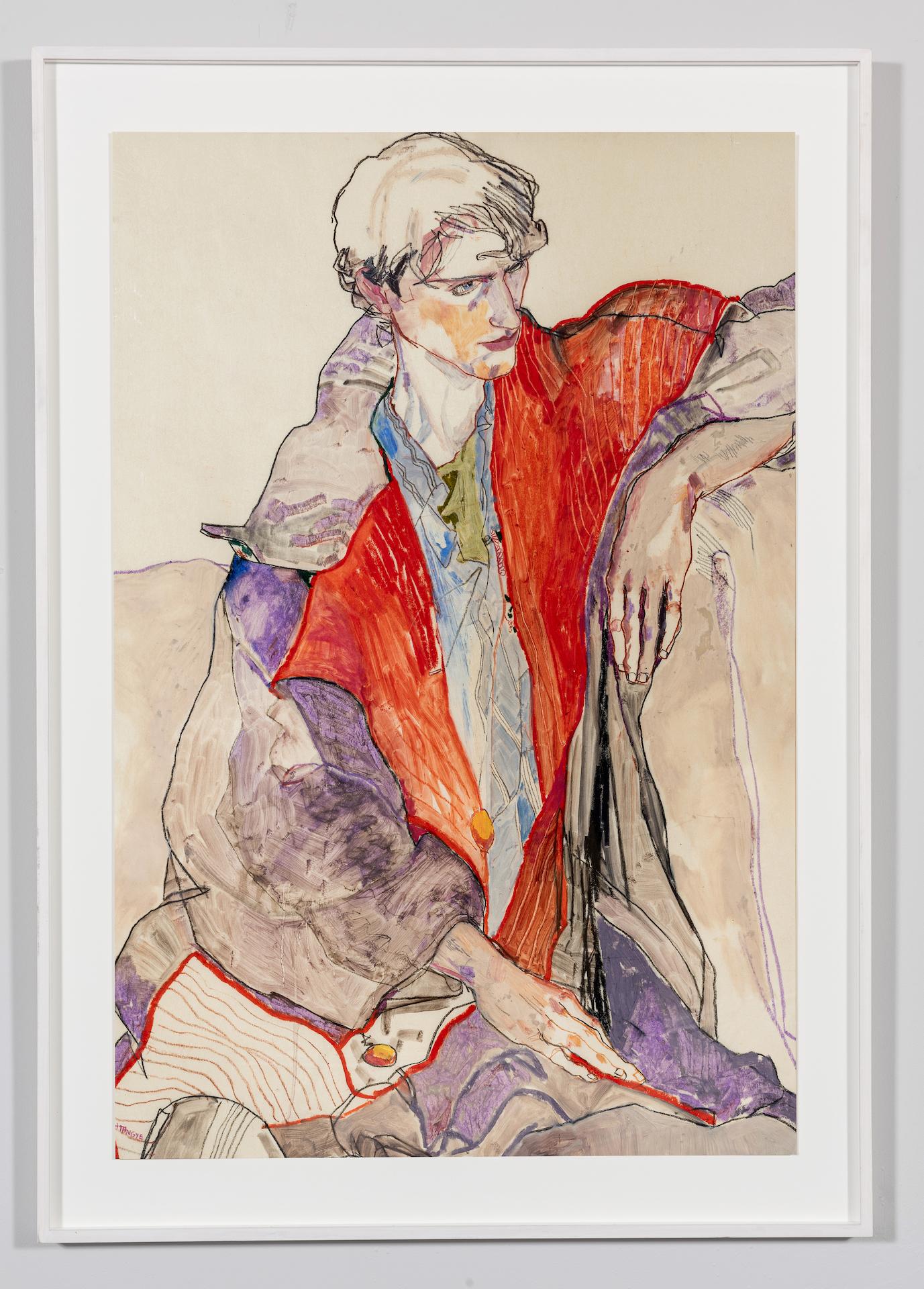 Jake II (Cappotto rosso), Tecnica mista su pergamena Pergameneta - Painting di Howard Tangye
