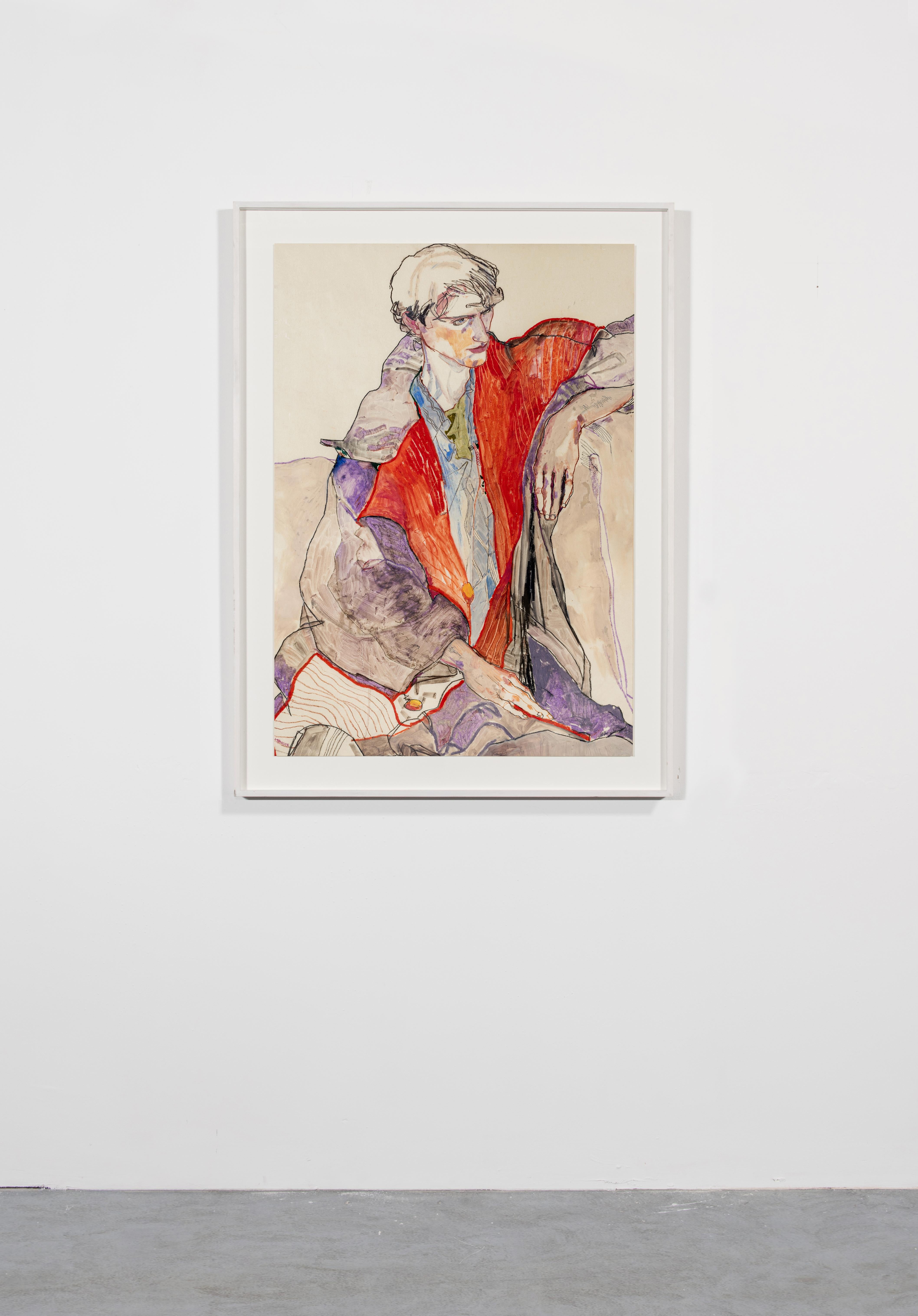 Jake II (Cappotto rosso), Tecnica mista su pergamena Pergameneta - Painting Contemporaneo di Howard Tangye