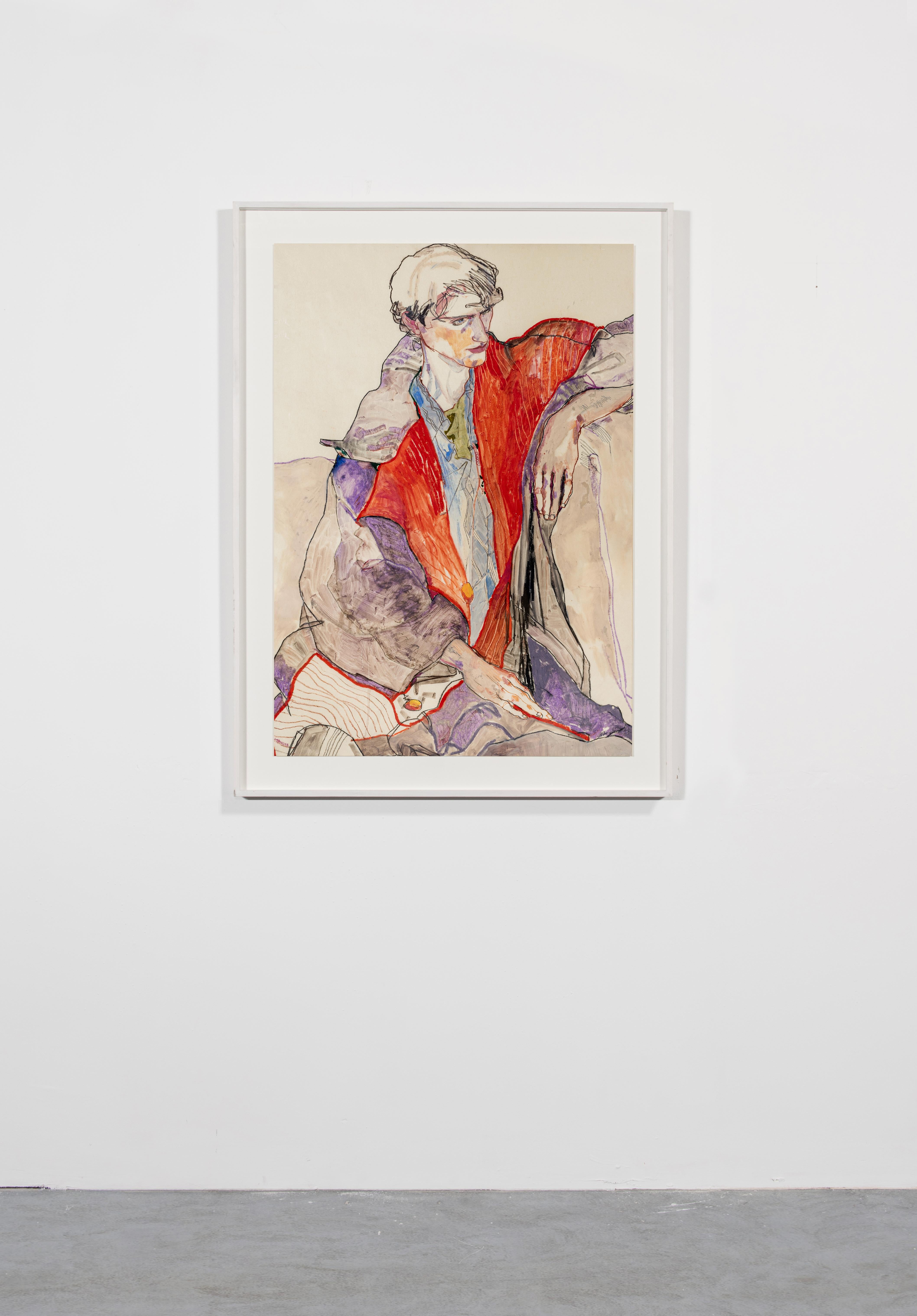 Jake II (Roter Mantel), Mixed-Media auf Pergameneta-Pergament (Zeitgenössisch), Painting, von Howard Tangye