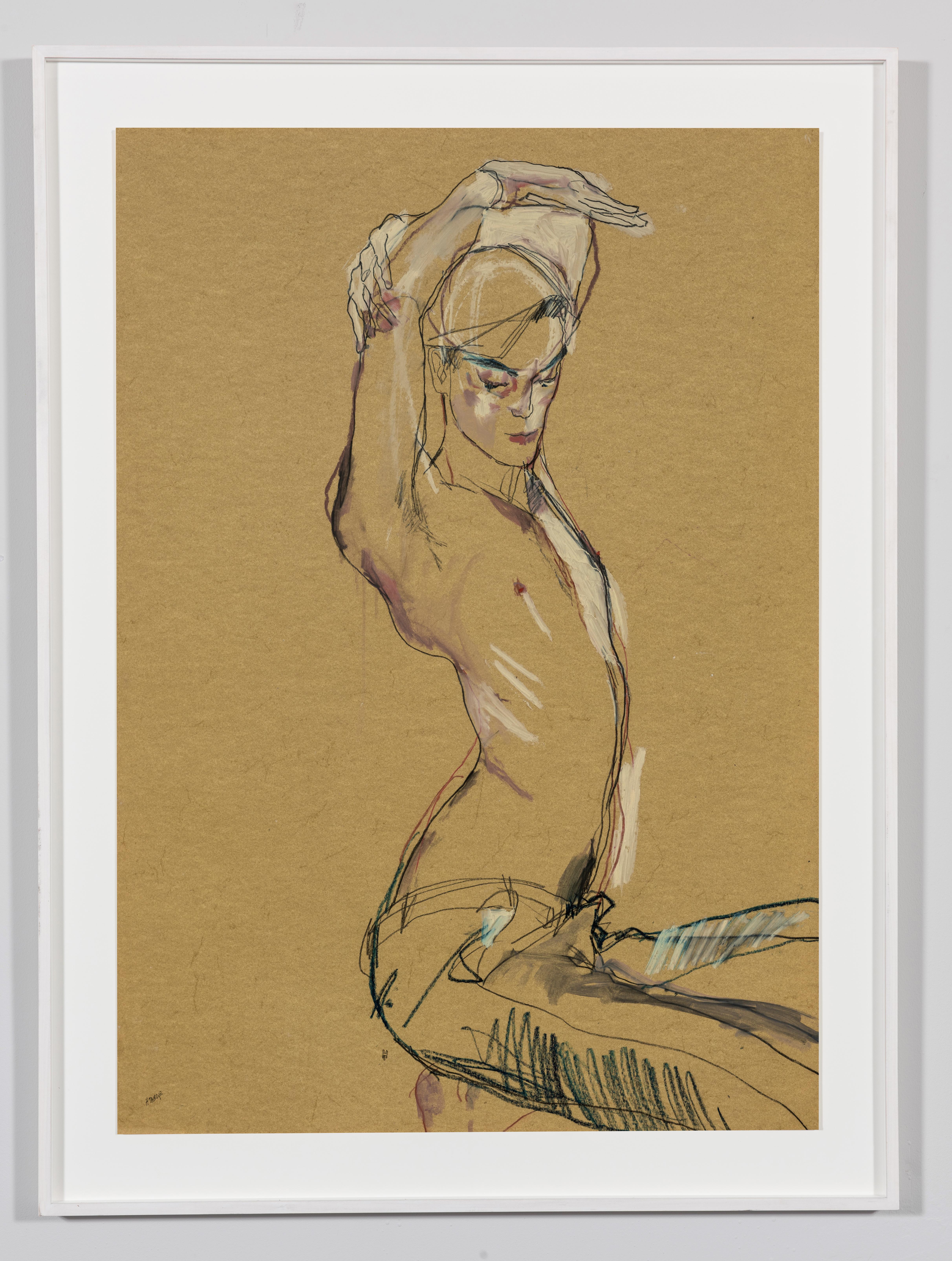 Jake W. (Hands Over Head - Shirtless), Mixed media on ochre parchment - Painting by Howard Tangye