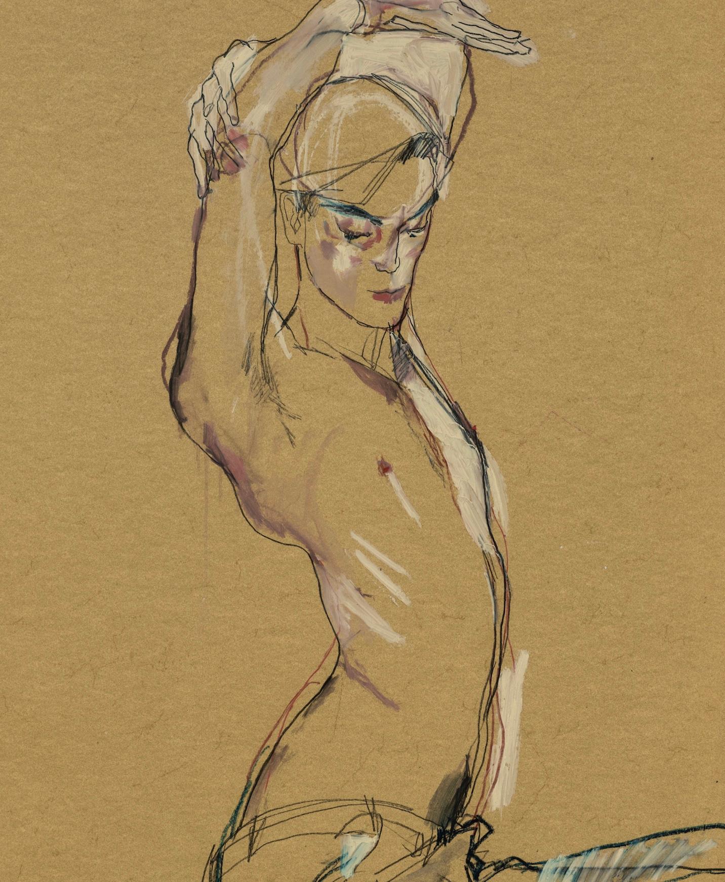 Jake W. (Hands Over Head - Shirtless), Mixed media on ochre parchment - Contemporary Painting by Howard Tangye