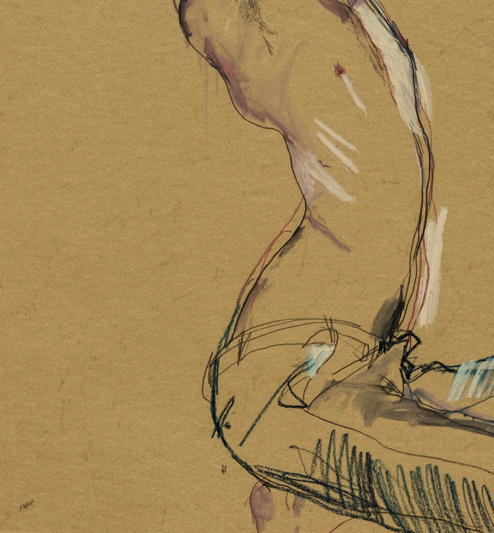 Jake W. (Hands Over Head - Shirtless), Mixed media on ochre parchment - Brown Figurative Painting by Howard Tangye
