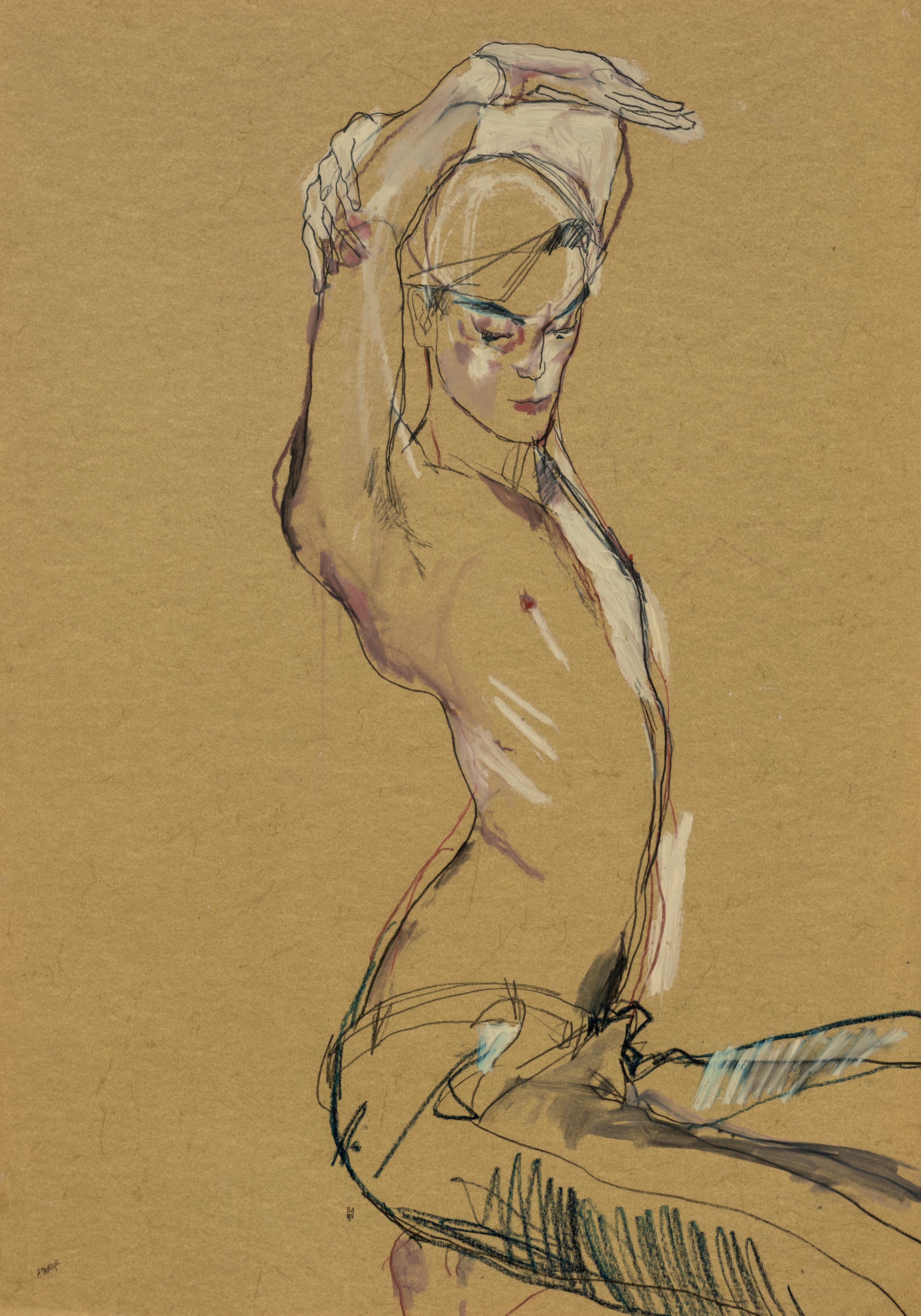 Howard Tangye Figurative Painting - Jake W. (Hands Over Head - Shirtless), Mixed media on ochre parchment
