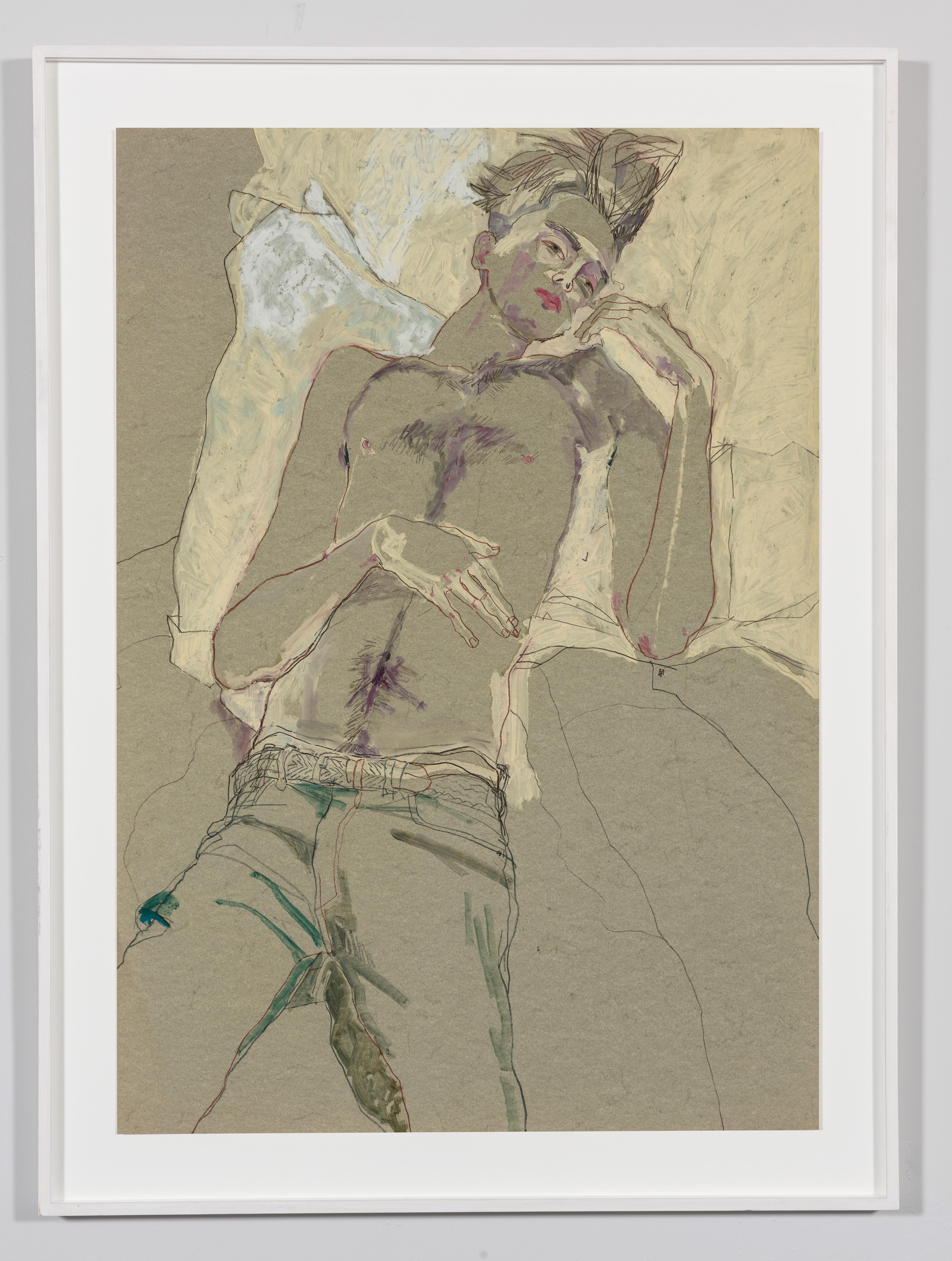 Jake W. (Lying Down - No Shirt), Mixed media on grey paper - Painting by Howard Tangye