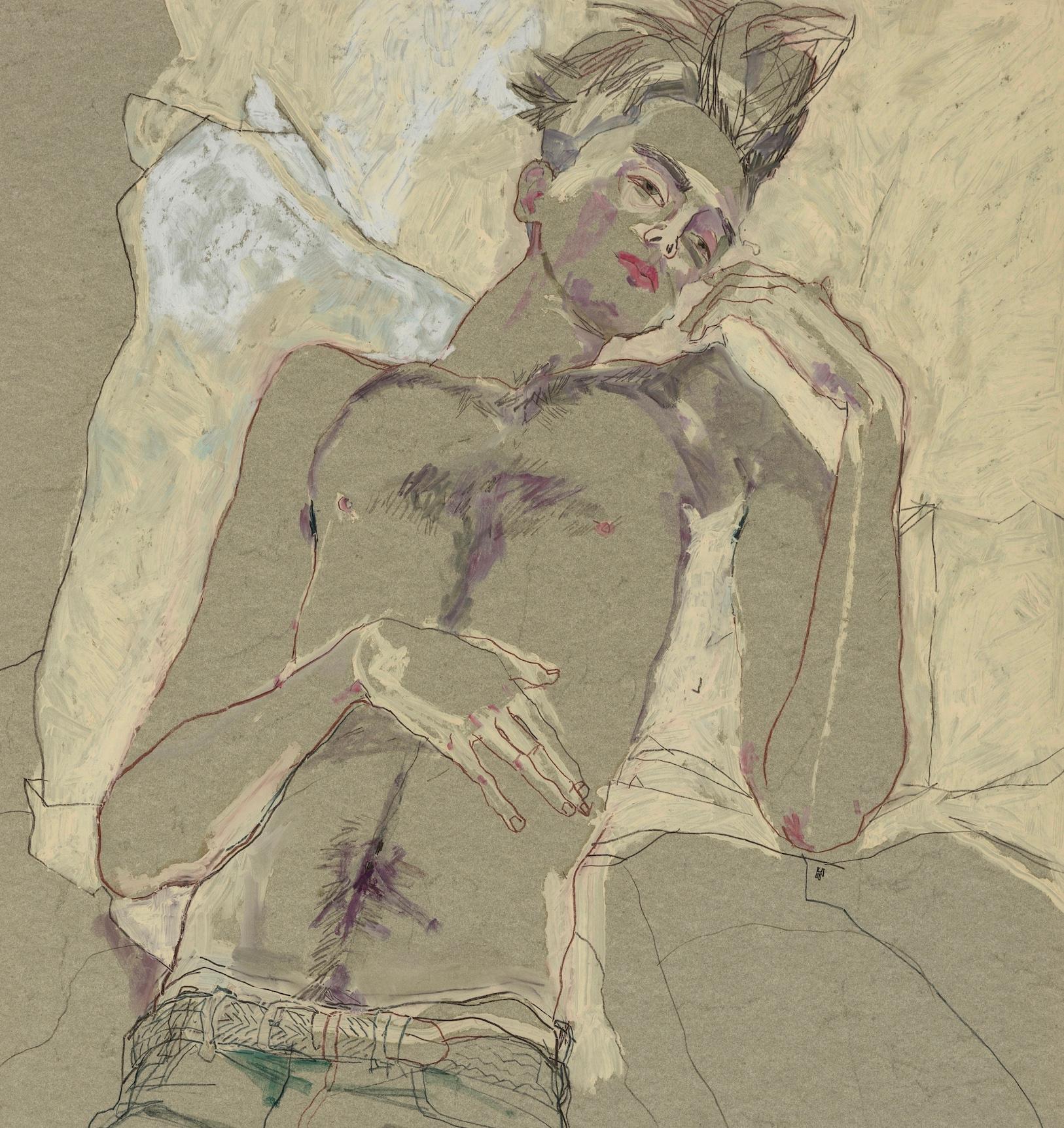 Jake W. (Lying Down - No Shirt), Mixed media on grey paper - Contemporary Painting by Howard Tangye