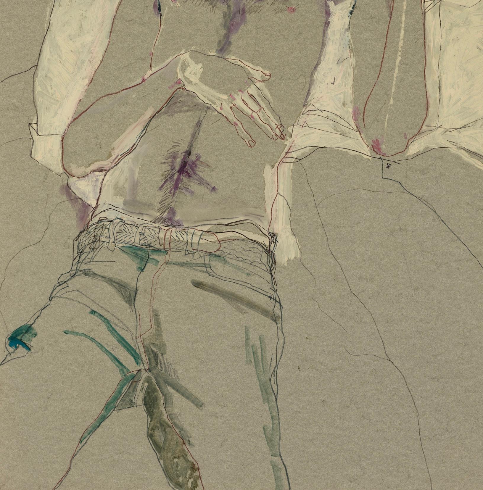 Jake W. (Lying Down - No Shirt), Mixed media on grey paper - Brown Figurative Painting by Howard Tangye