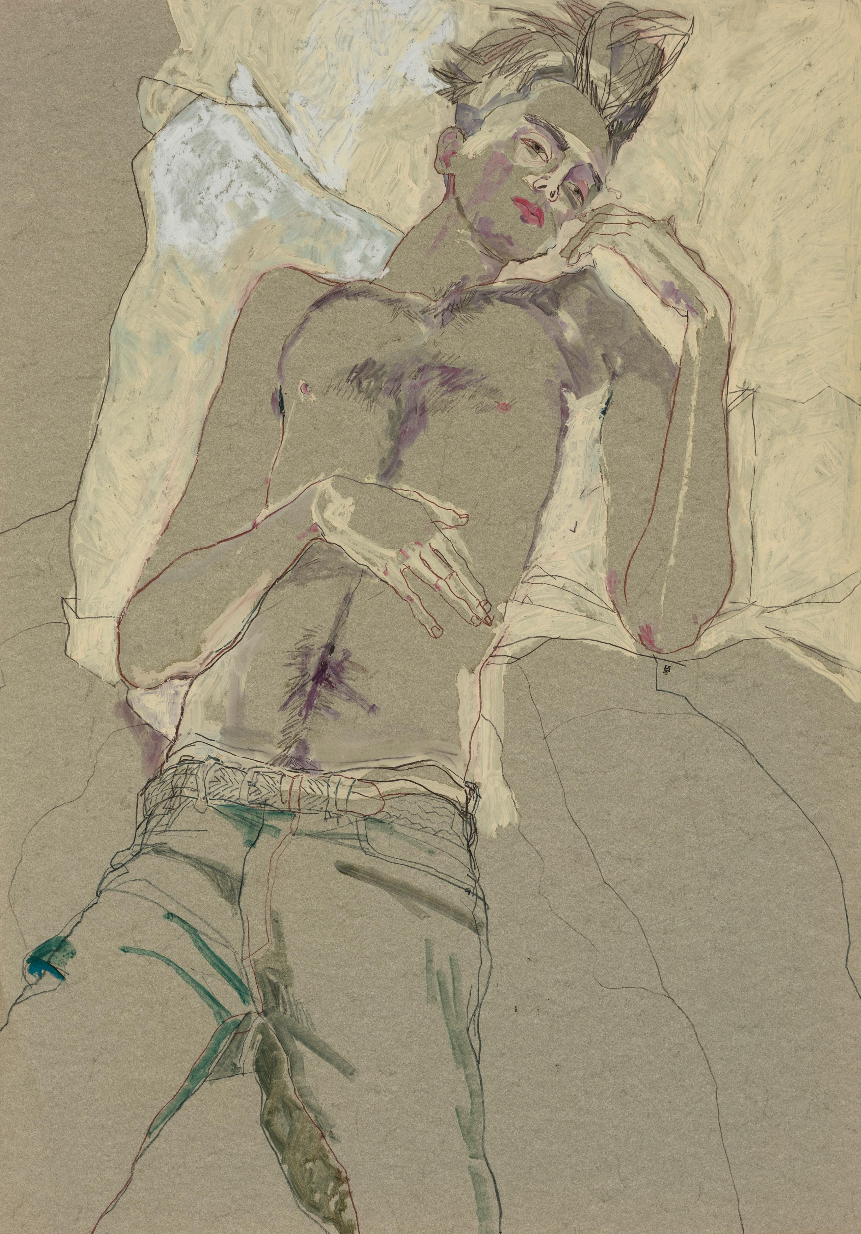 Howard Tangye Figurative Painting - Jake W. (Lying Down - No Shirt), Mixed media on grey paper