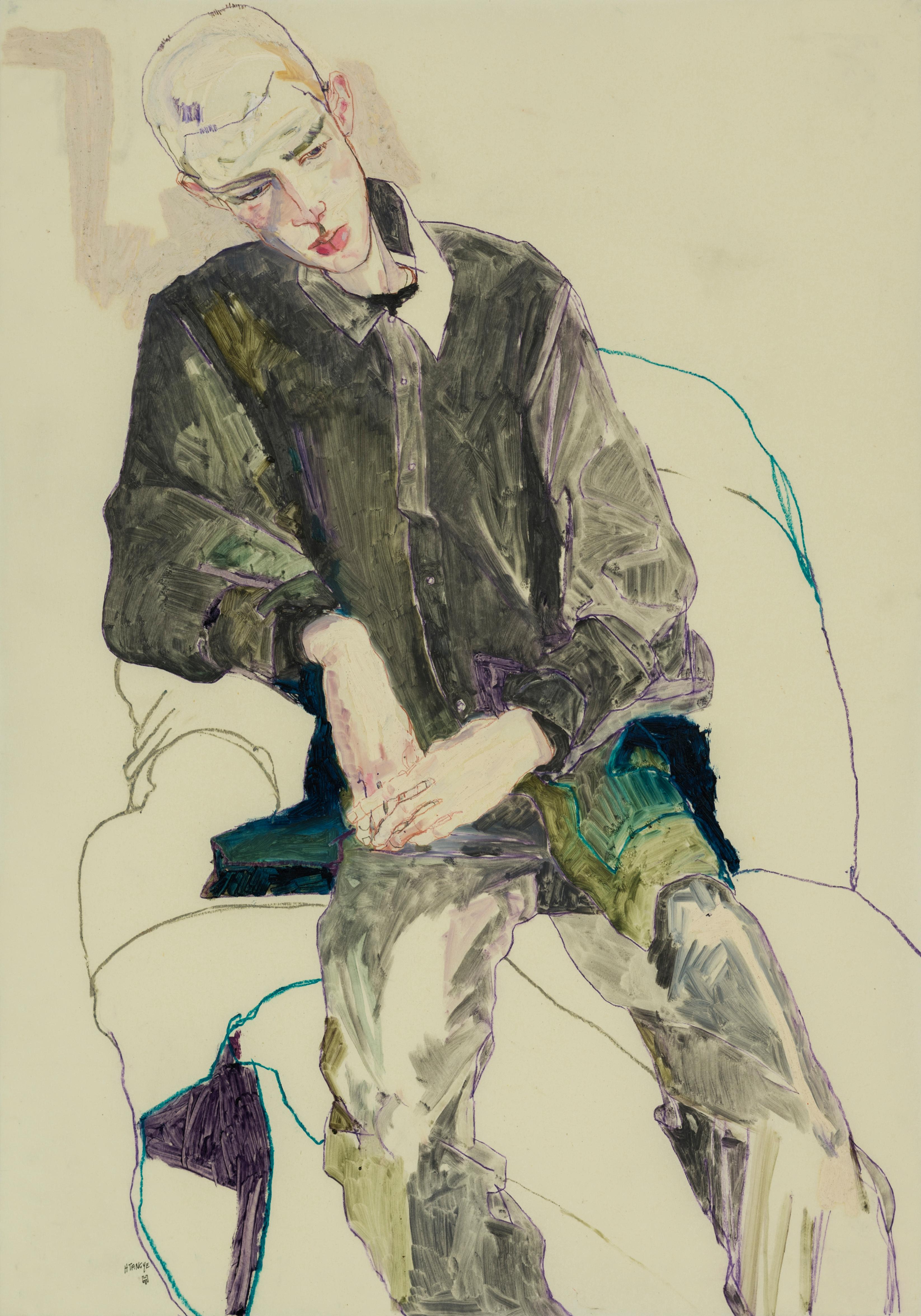 Howard Tangye Figurative Art – Lee Hurst (3/4 Figur, Hände zusammen), Mixed-Media auf Pergamenata-Pergament