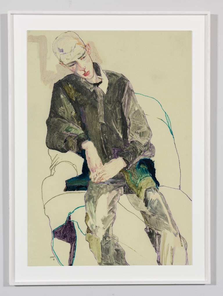 Lee Hurst (3/4 Figure, Hands Together), Mixed media on Pergamenata parchment - Art by Howard Tangye