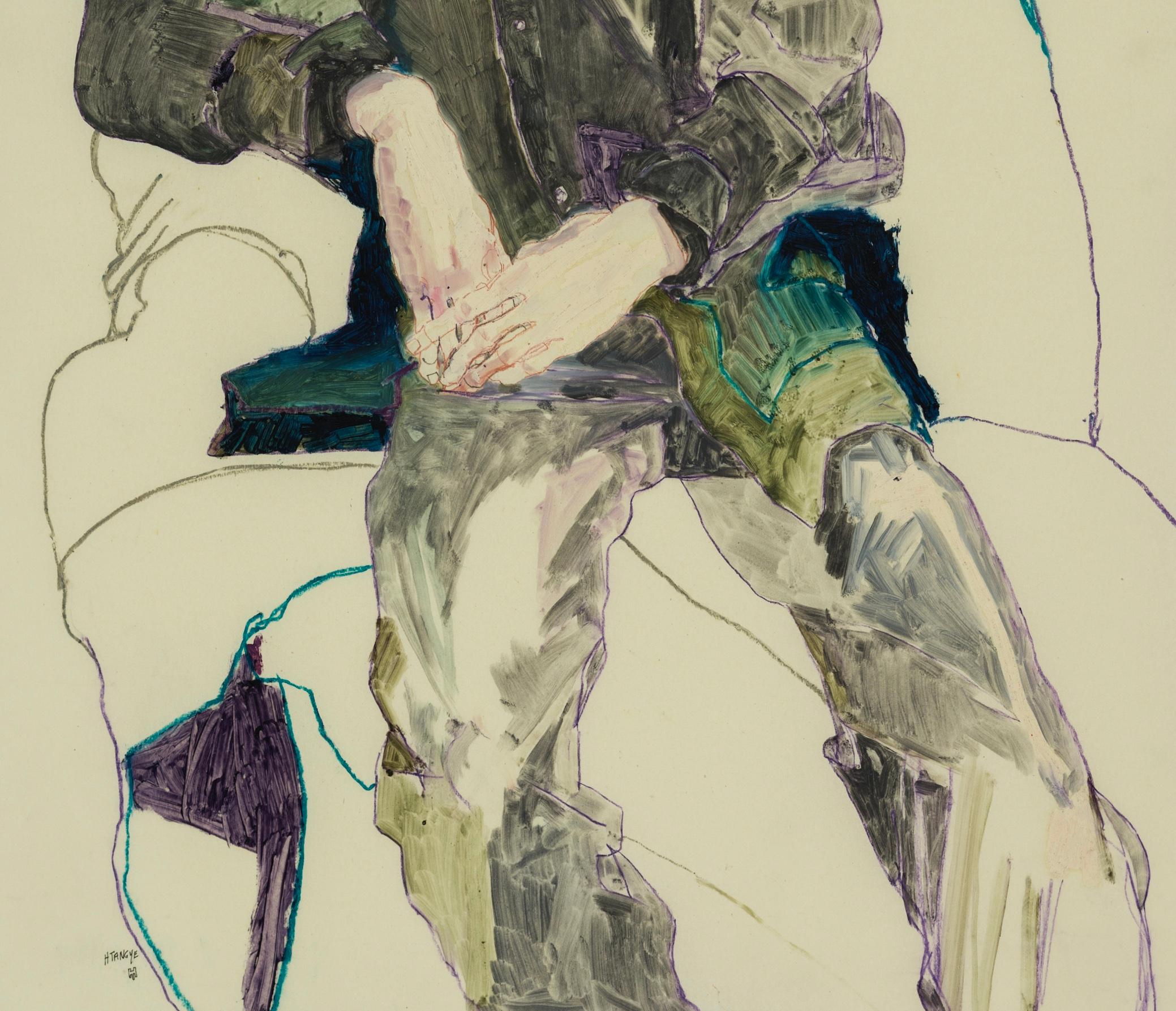 Lee Hurst (3/4 Figure, Hands Together), Mixed media on Pergamenata parchment - Contemporary Art by Howard Tangye