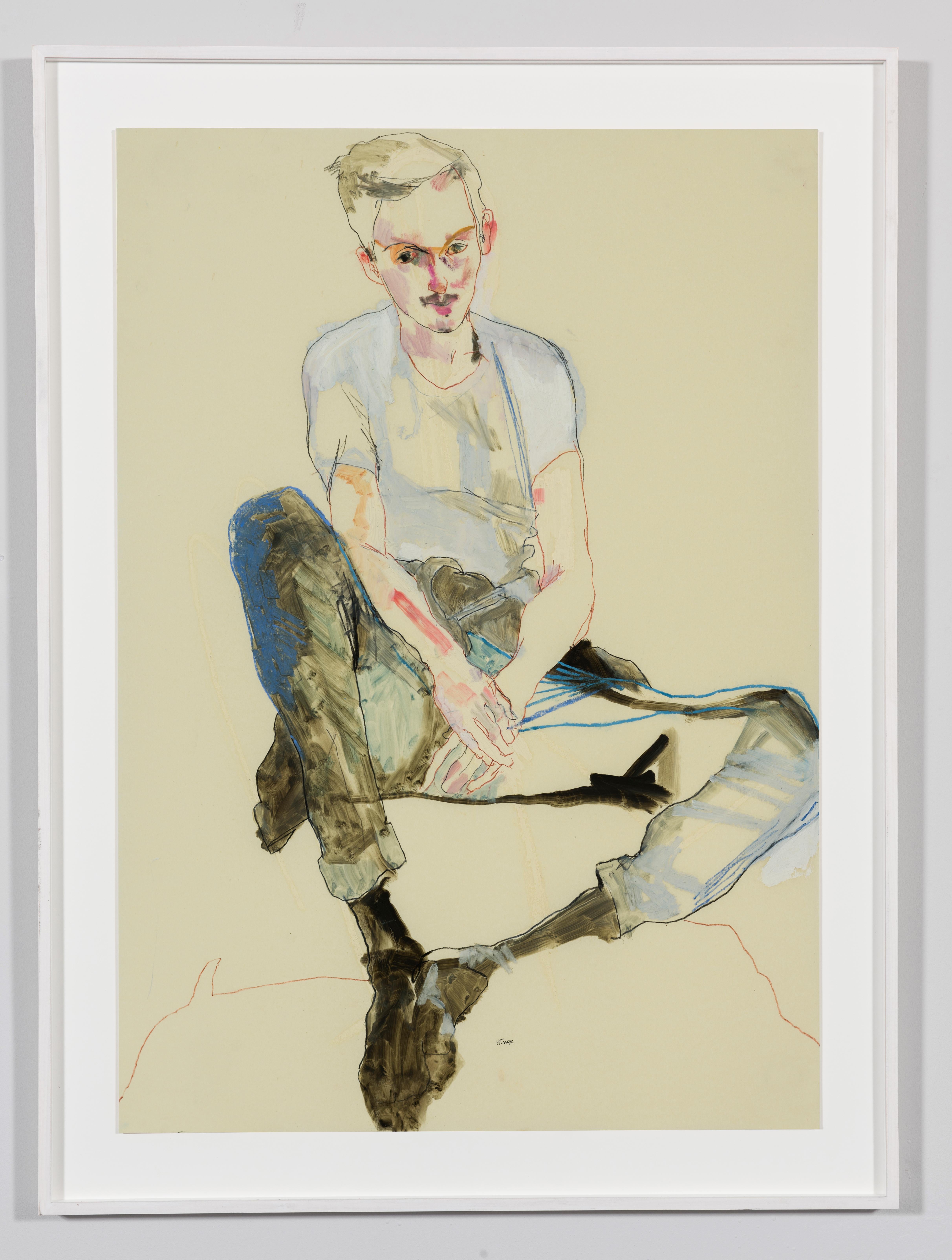 Magnus (Sitting, Up and Down), Mixed media on Pergamenata parchment - Painting by Howard Tangye