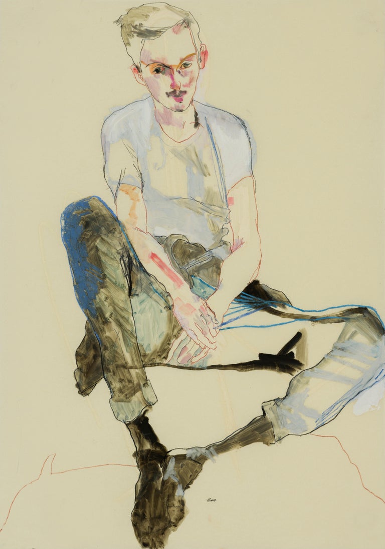 Howard Tangye Figurative Painting - Magnus (Sitting, Up and Down), Mixed media on Pergamenata parchment