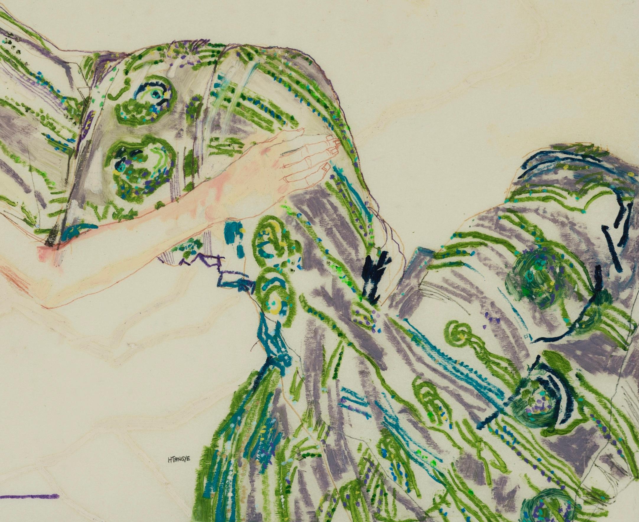 Manon (Lying - Green), Mixed media on Pergamenata parchment - Beige Figurative Art by Howard Tangye
