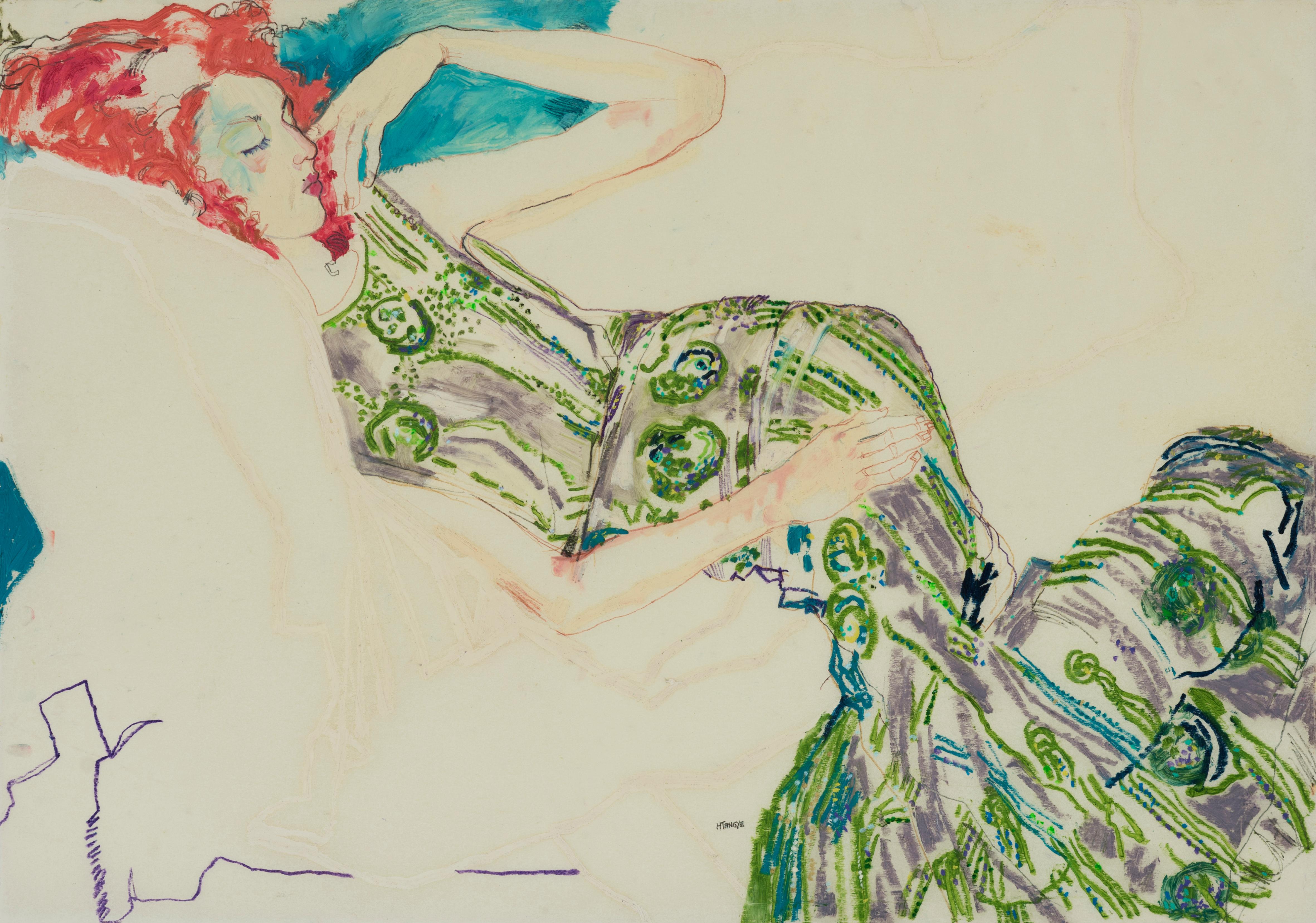 Howard Tangye Figurative Art - Manon (Lying - Green), Mixed media on Pergamenata parchment