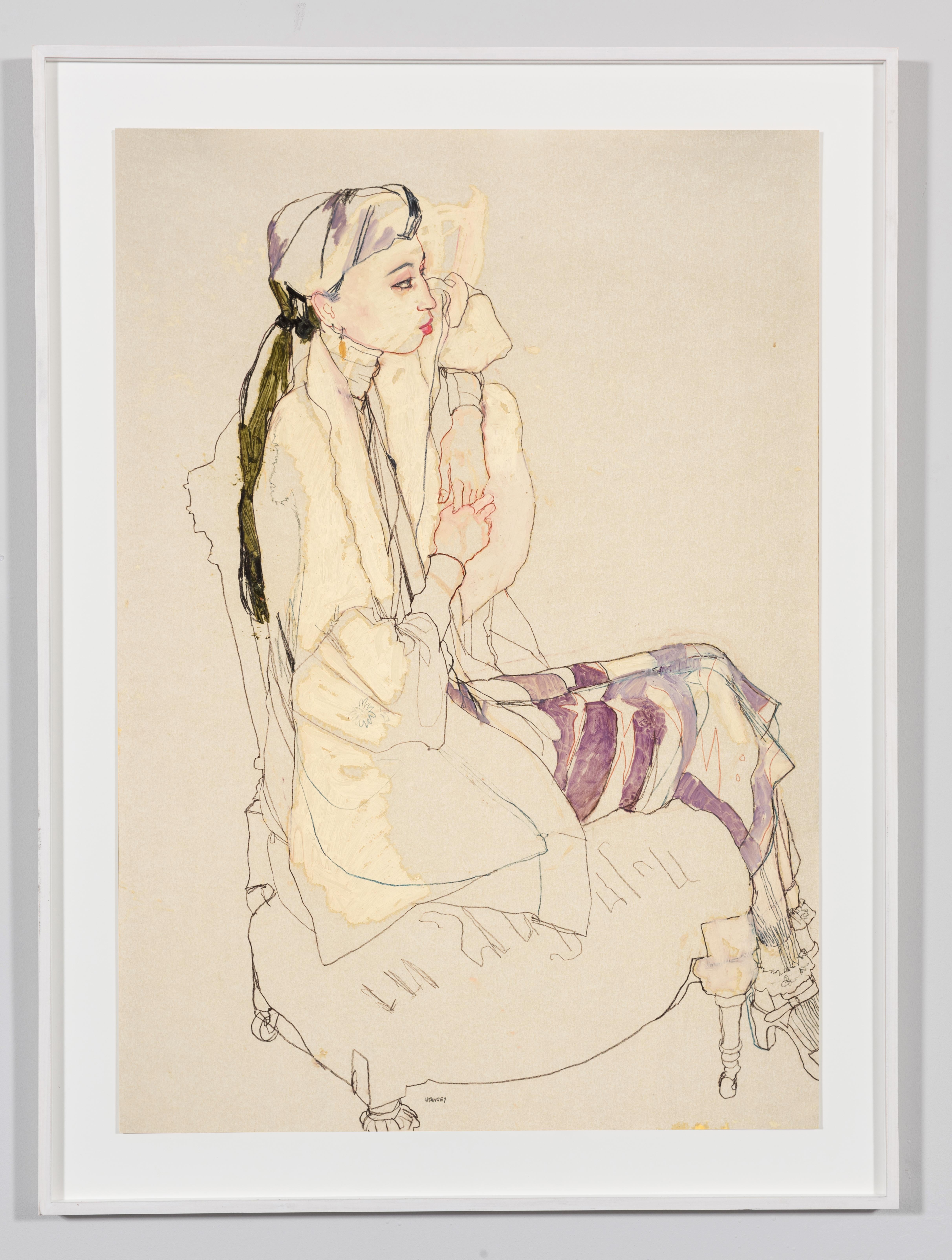 Maria (Side View, Purple), Mixed media on Pergamenata parchment - Painting by Howard Tangye