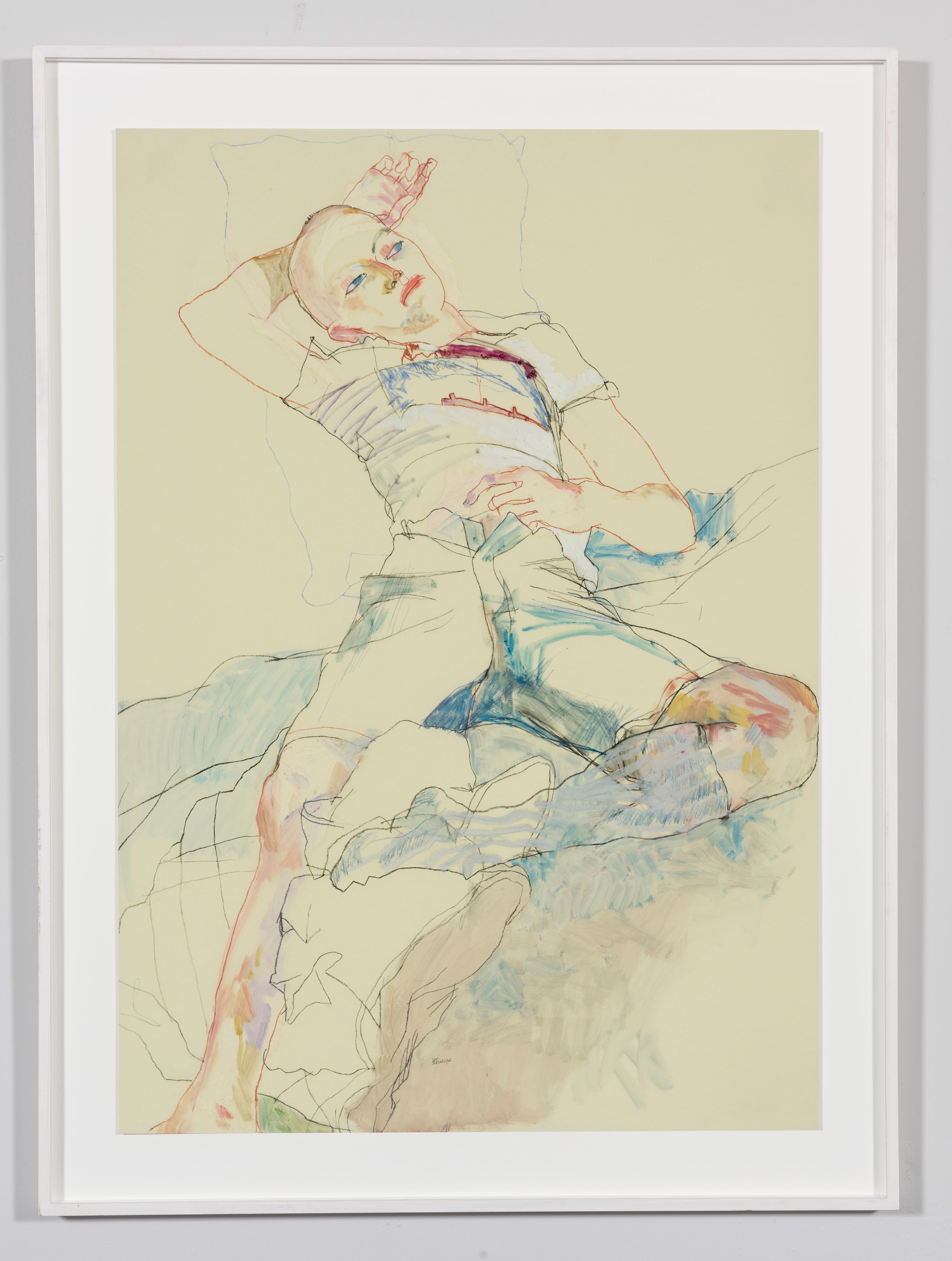 Matthew (Lying, Hand Under Head - Blues), Mixed media on Pergamenata parchment - Painting by Howard Tangye