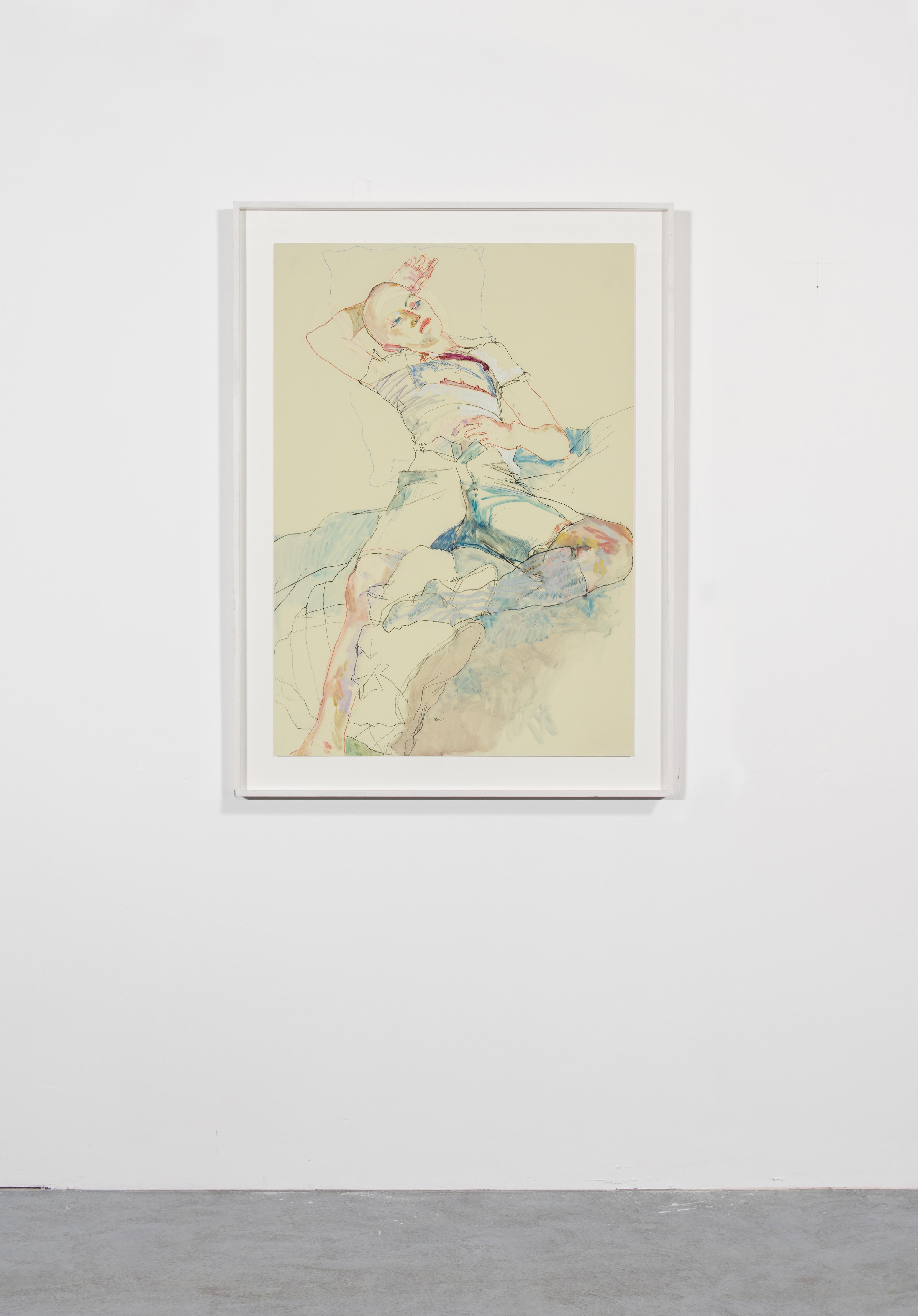 Matthew (Lying, Hand Under Head - Blues), Mixed media on Pergamenata parchment - Contemporary Painting by Howard Tangye