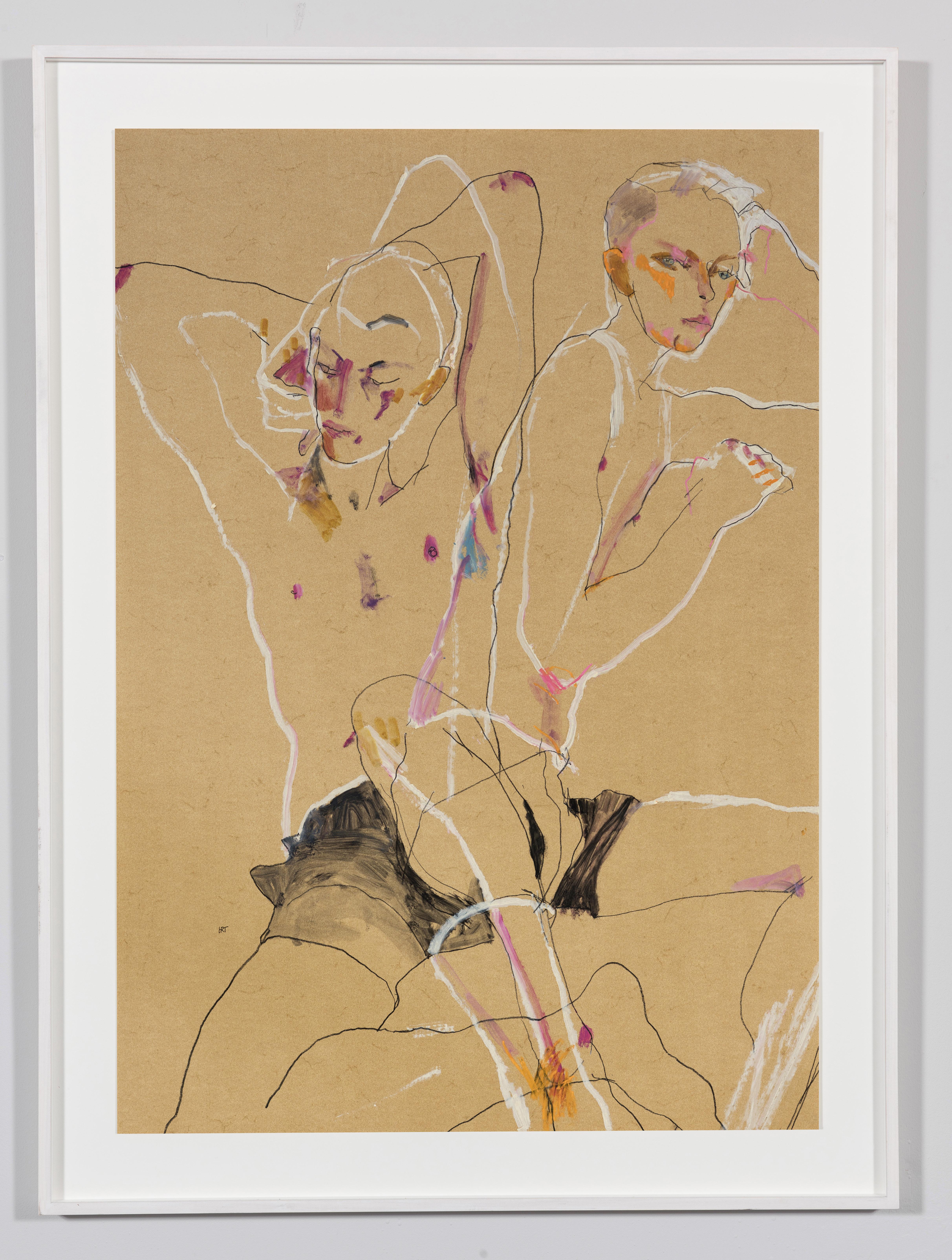 Matthew (Two Figures, Overlapping), Mixed media on ochre parchment - Painting by Howard Tangye