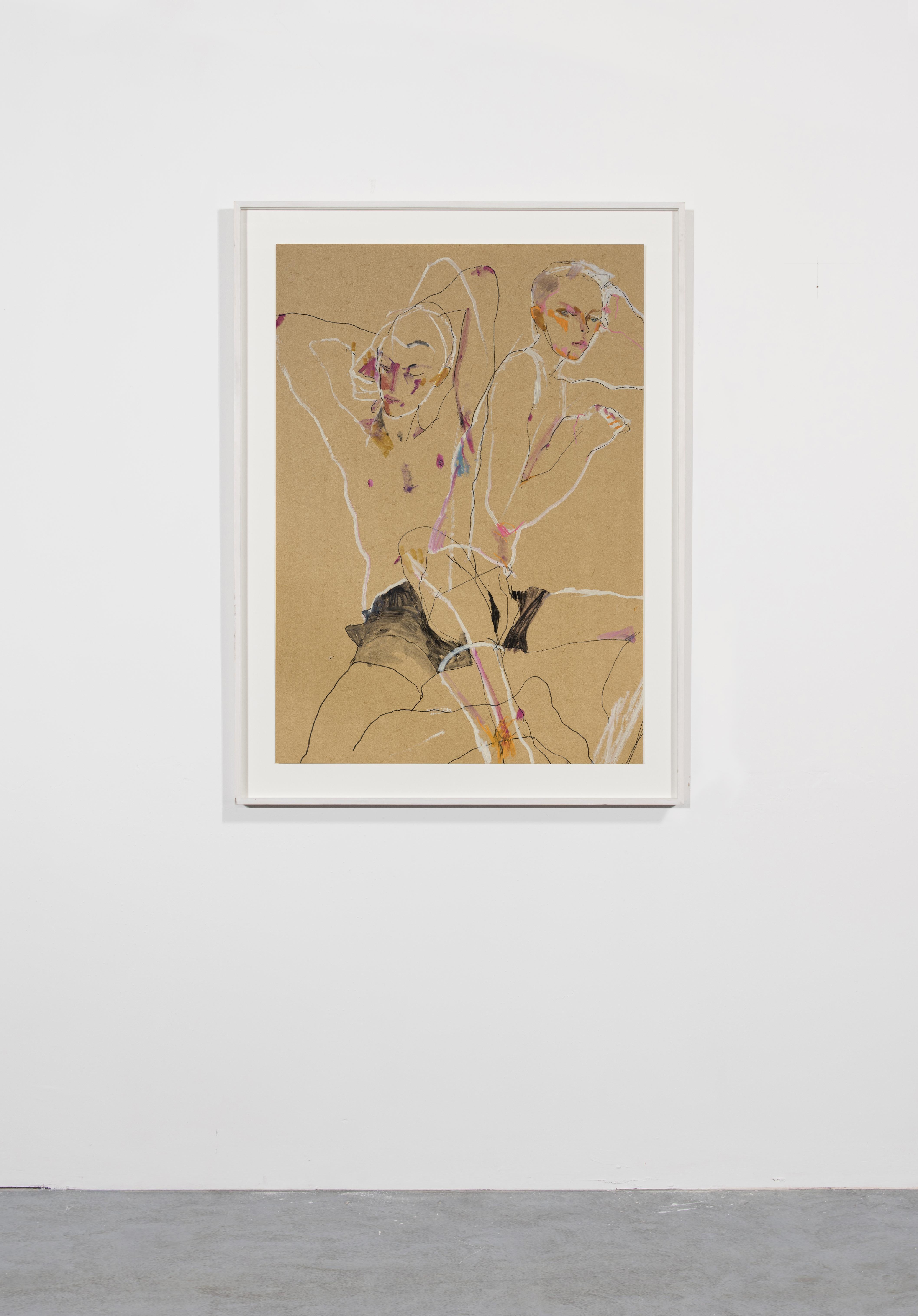 Matthew (Two Figures, Overlapping), Mixed media on ochre parchment - Contemporary Painting by Howard Tangye