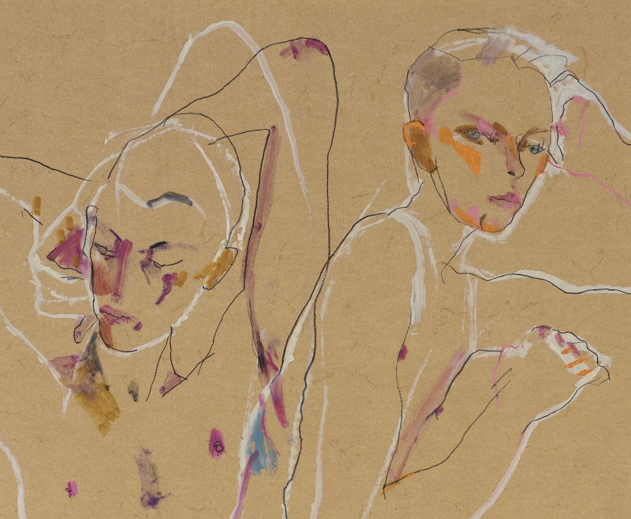 Matthew (Two Figures, Overlapping), Mixed media on ochre parchment - Contemporary Painting by Howard Tangye