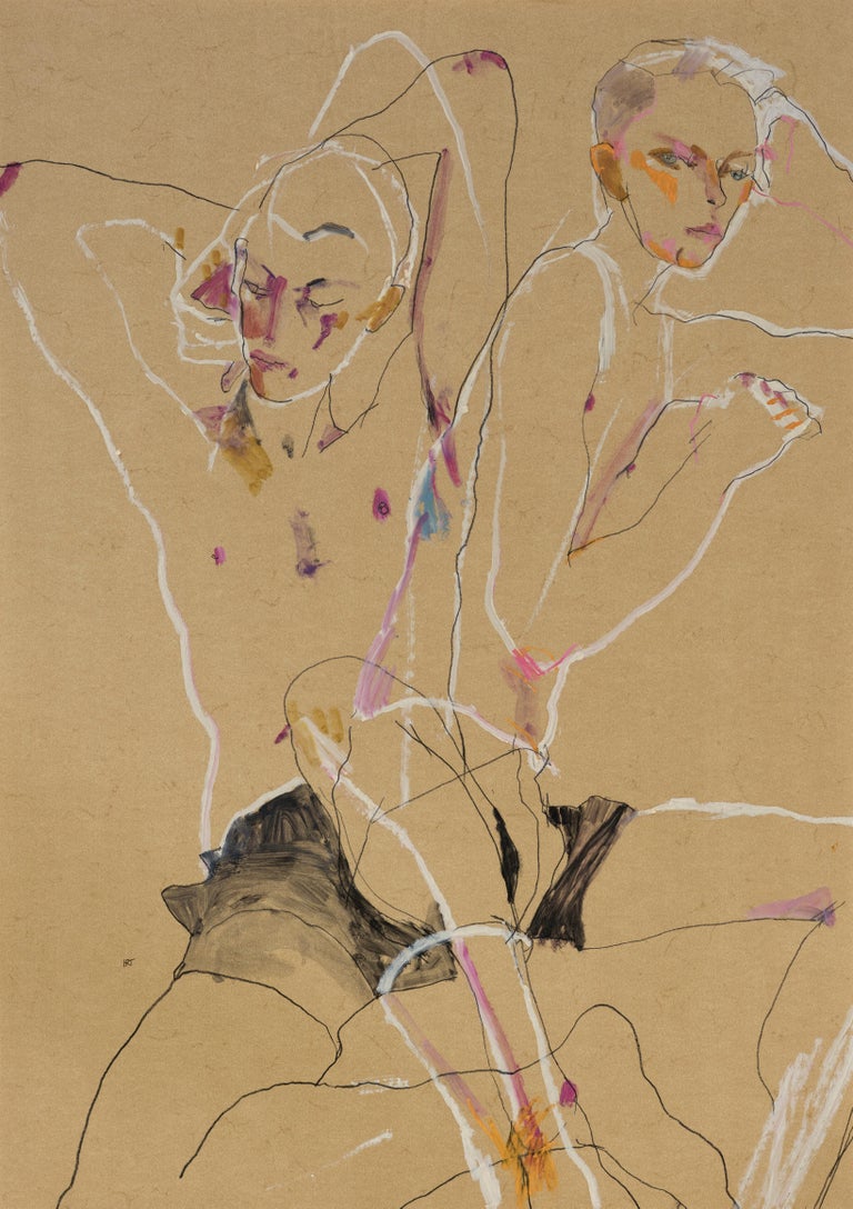 Howard Tangye Figurative Painting - Matthew (Two Figures, Overlapping), Mixed media on ochre parchment
