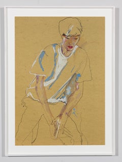 Nobu (Hands on Legs - Blue & White), Mixed media on ochre parchment