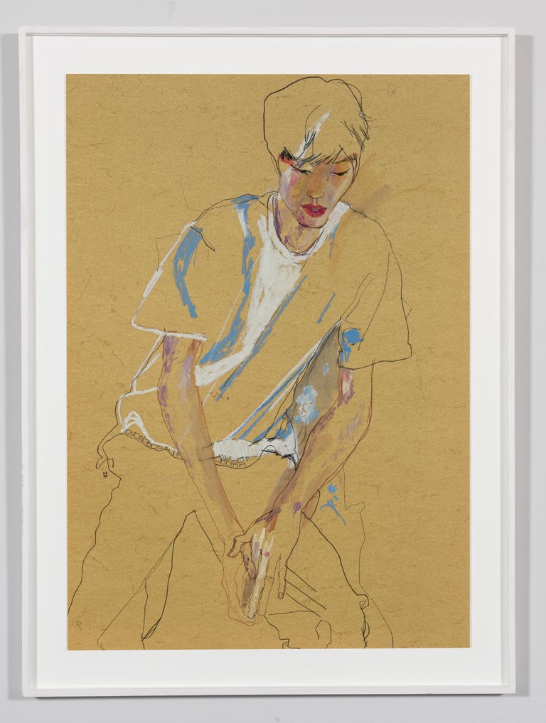 Nobu (Hands on Legs - Blue & White), Mixed media on ochre parchment - Art by Howard Tangye