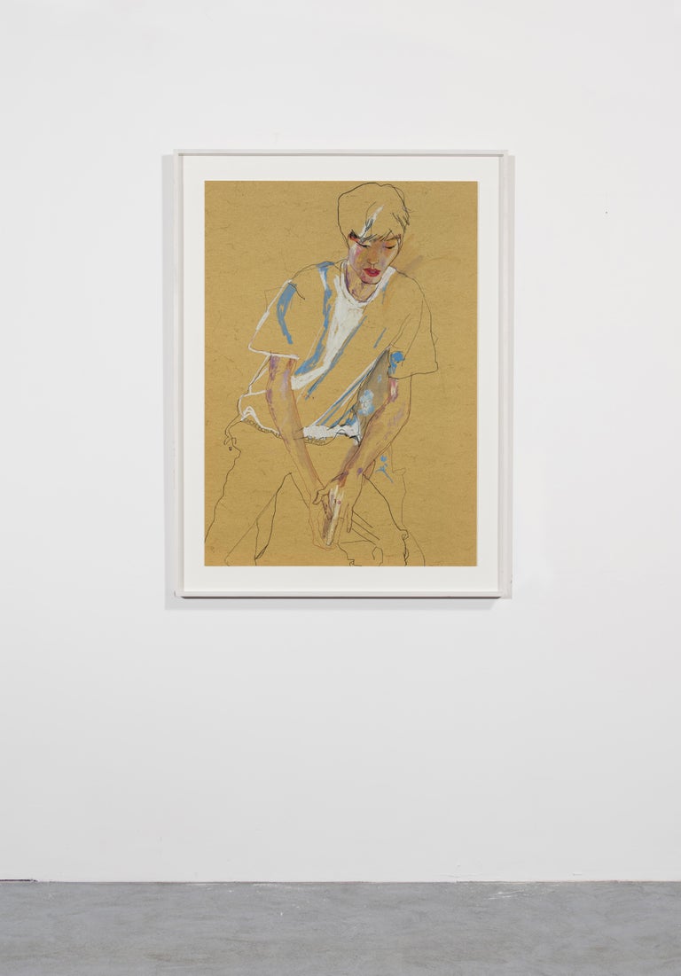 Nobu (Hands on Legs - Blue & White), Mixed media on ochre parchment - Contemporary Art by Howard Tangye