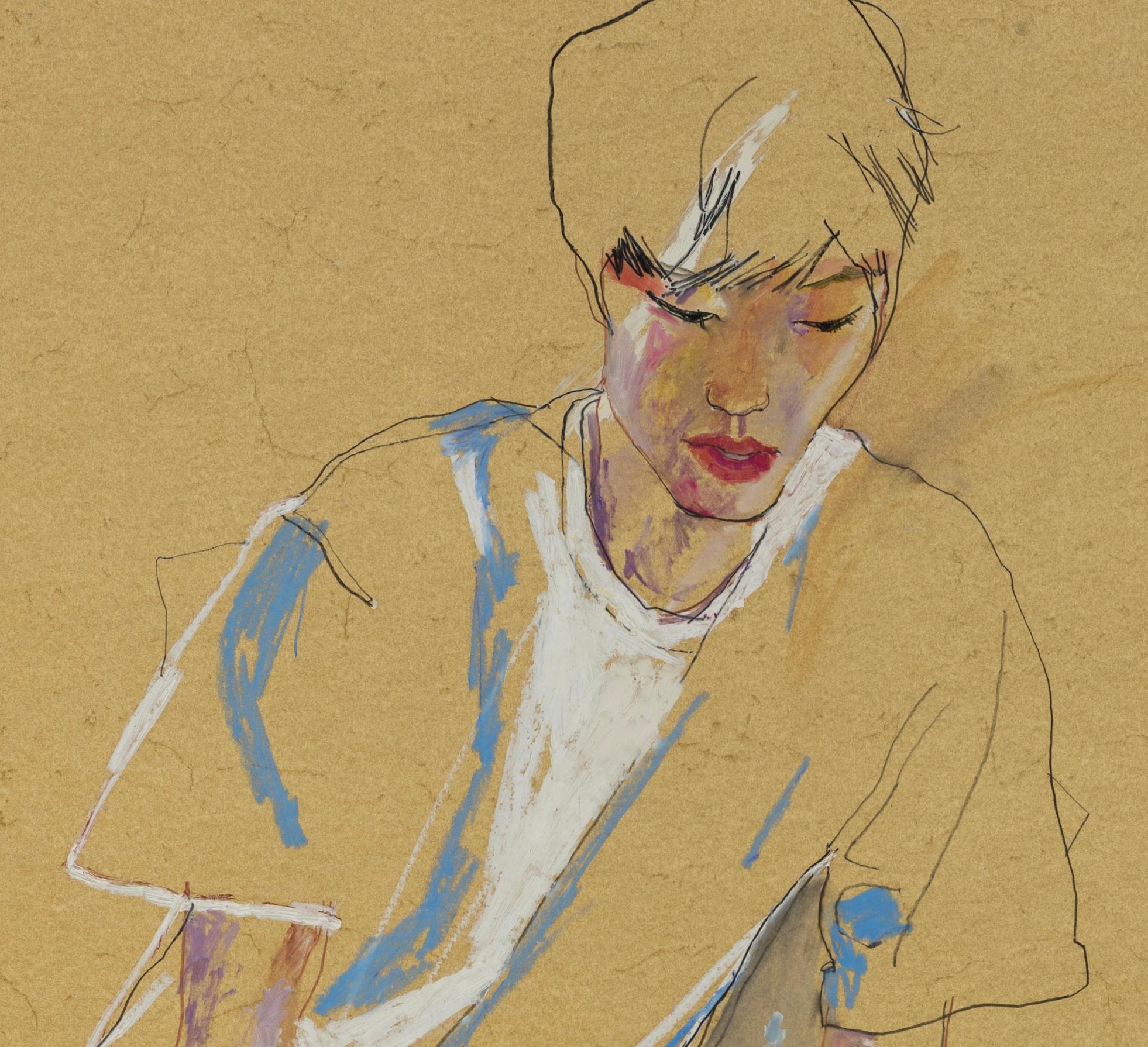 Nobu (Hands on Legs - Blue & White), Mixed media on ochre parchment - Contemporary Art by Howard Tangye