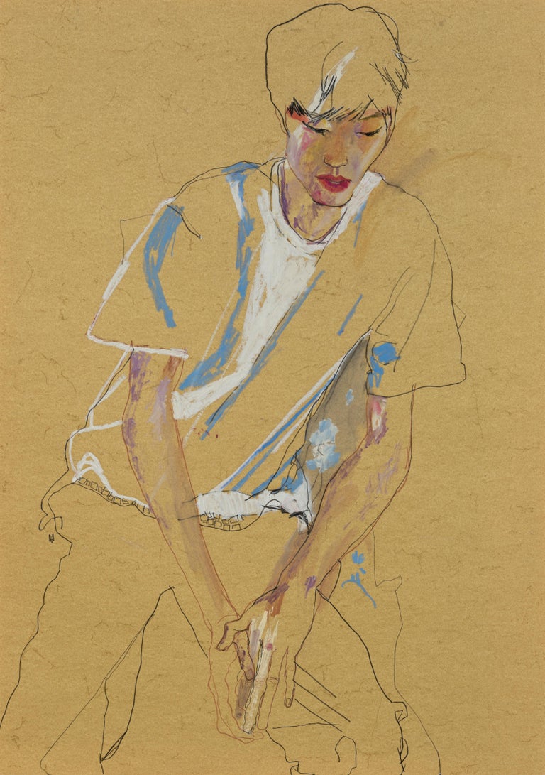 Howard Tangye Figurative Art - Nobu (Hands on Legs - Blue & White), Mixed media on ochre parchment