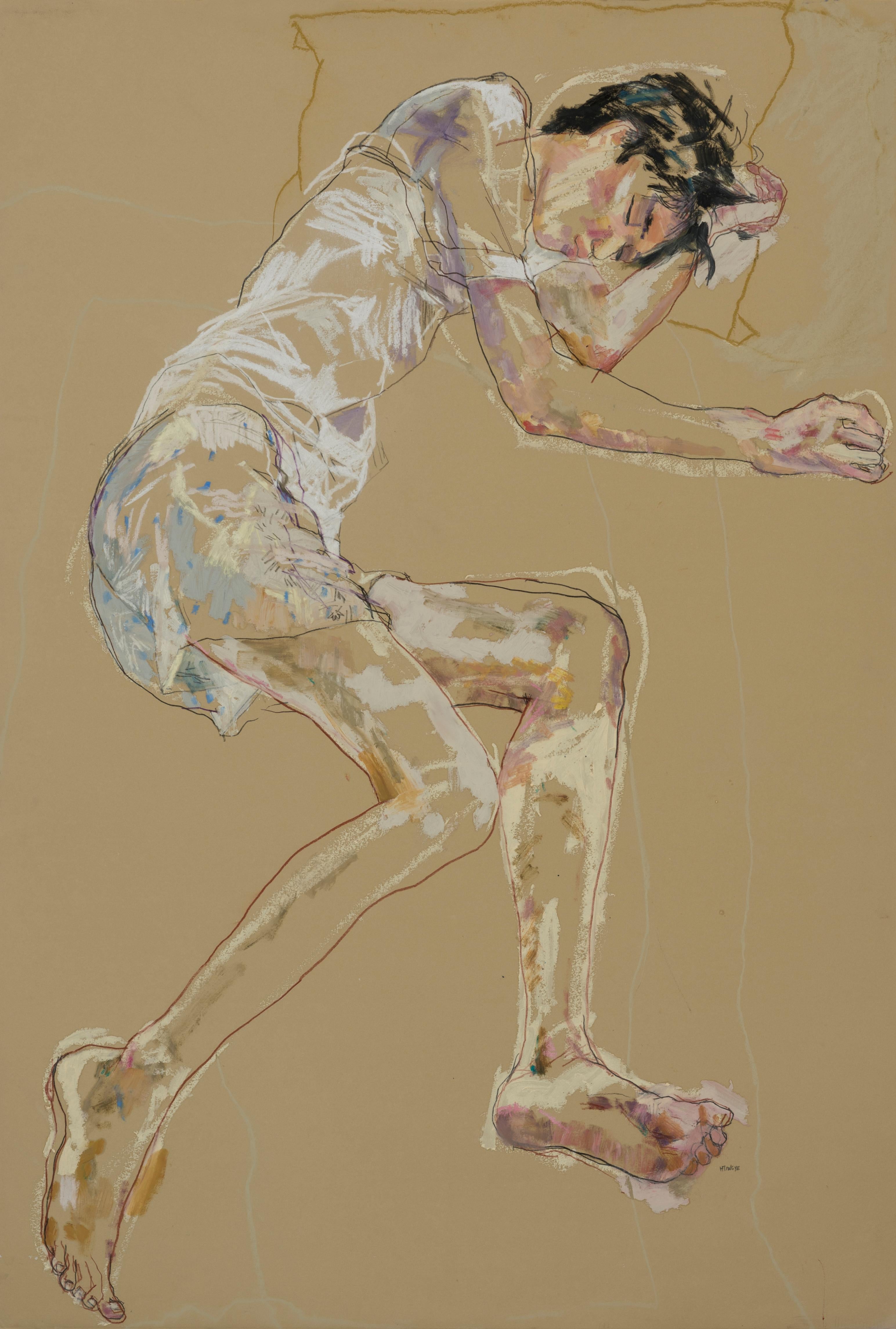 Figurative Painting Howard Tangye - Nobu (Lying Down, sur le côté), techniques mixtes sur papier Rives