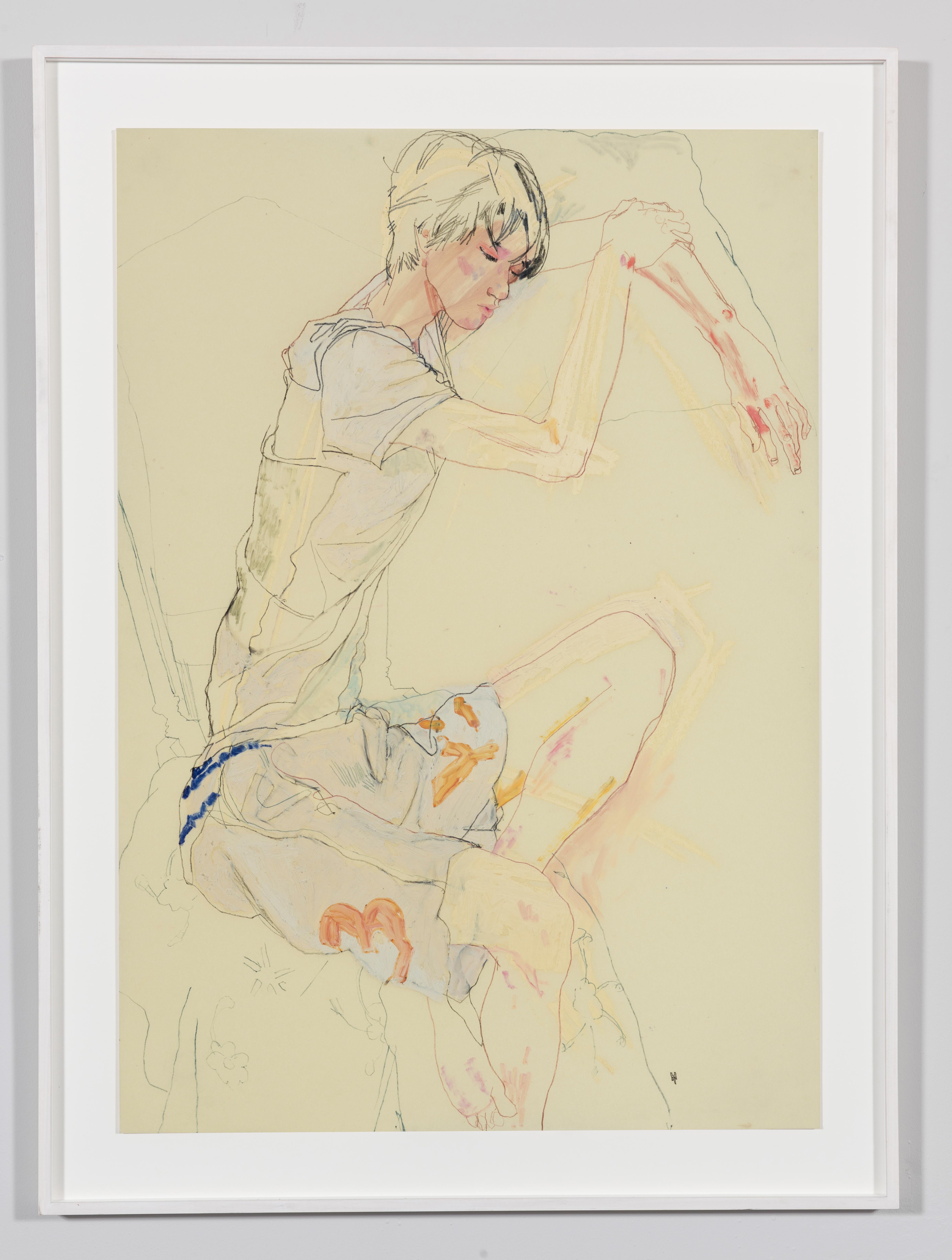Nobu (Sitting, Arms on Pillow), Mixed media on Pergamenata parchment - Painting by Howard Tangye