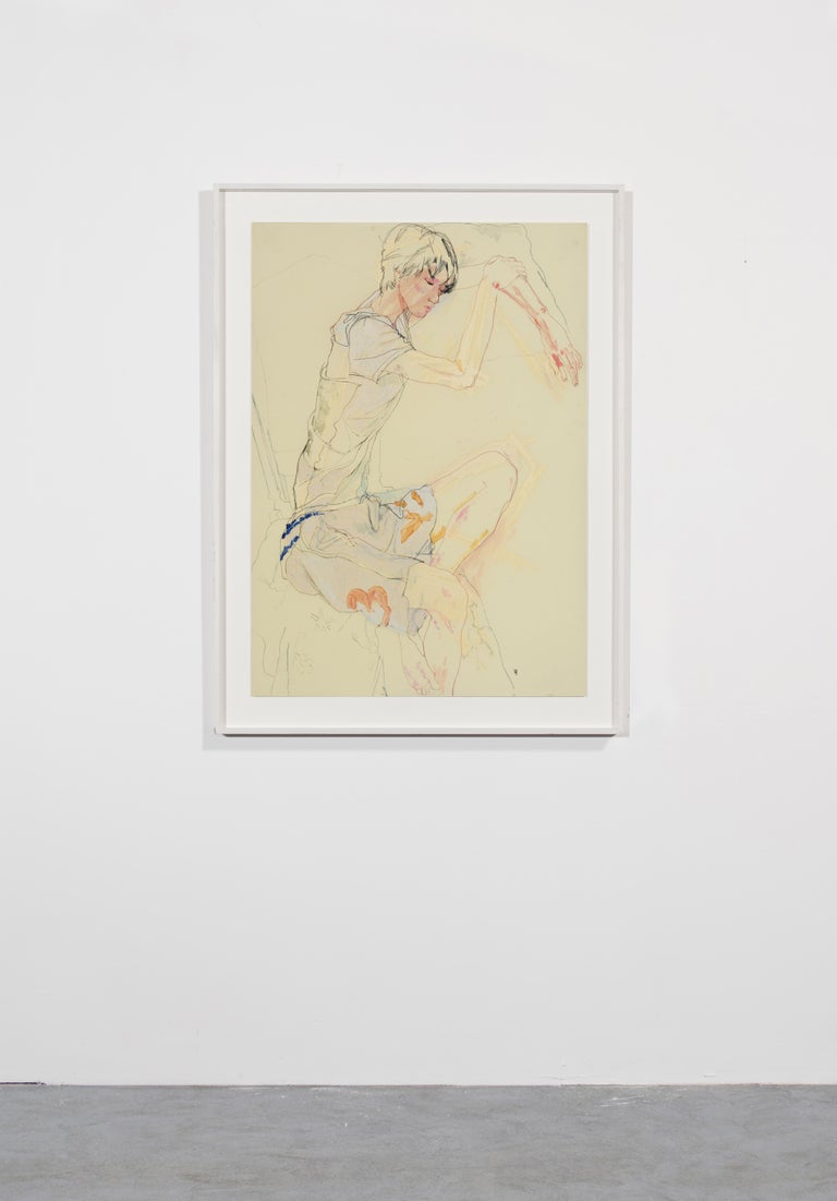 Nobu (Sitting, Arms on Pillow), Mixed media on Pergamenata parchment - Contemporary Painting by Howard Tangye