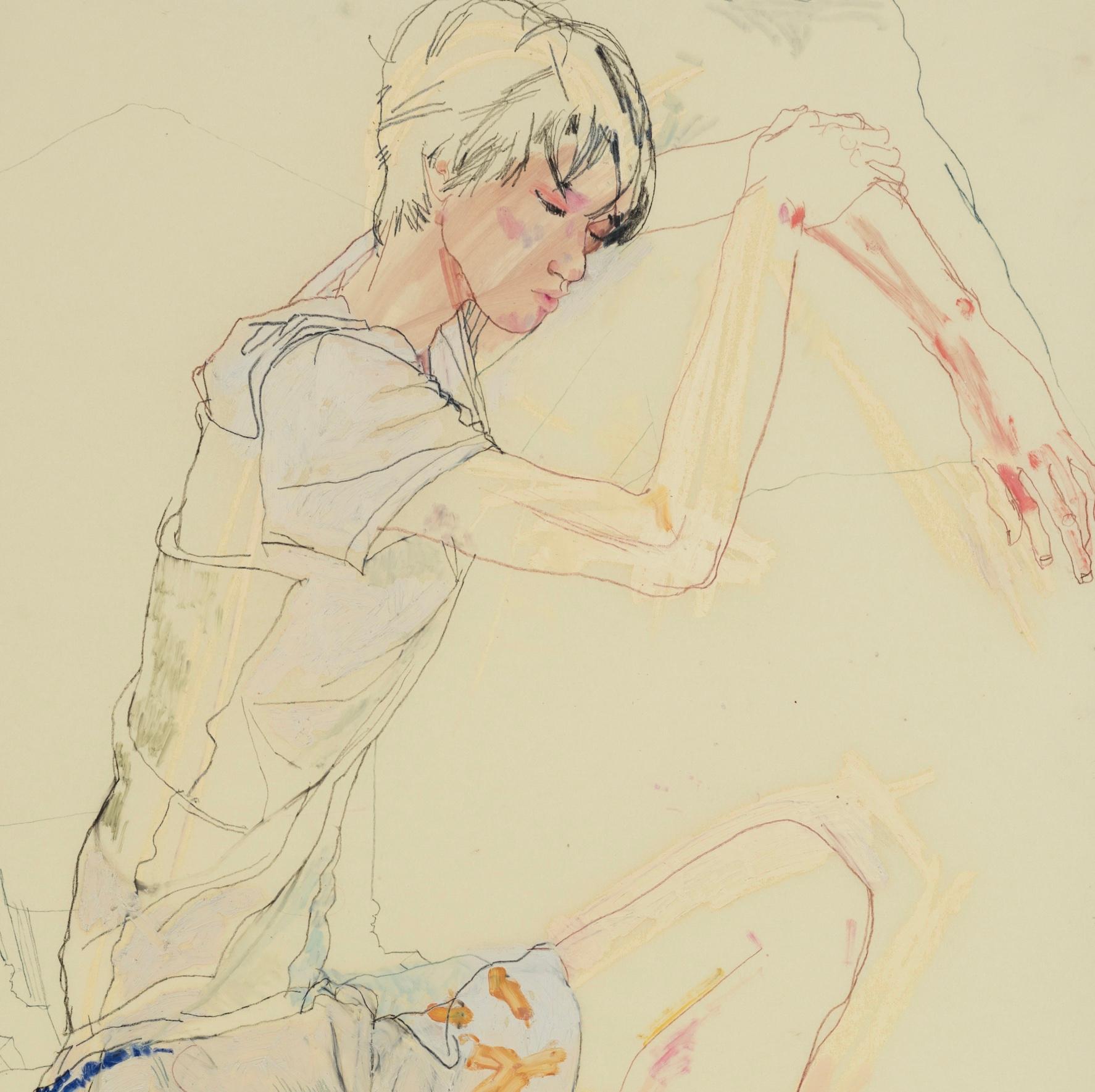 Nobu (Sitting, Arms on Pillow), Mixed media on Pergamenata parchment - Beige Figurative Painting by Howard Tangye