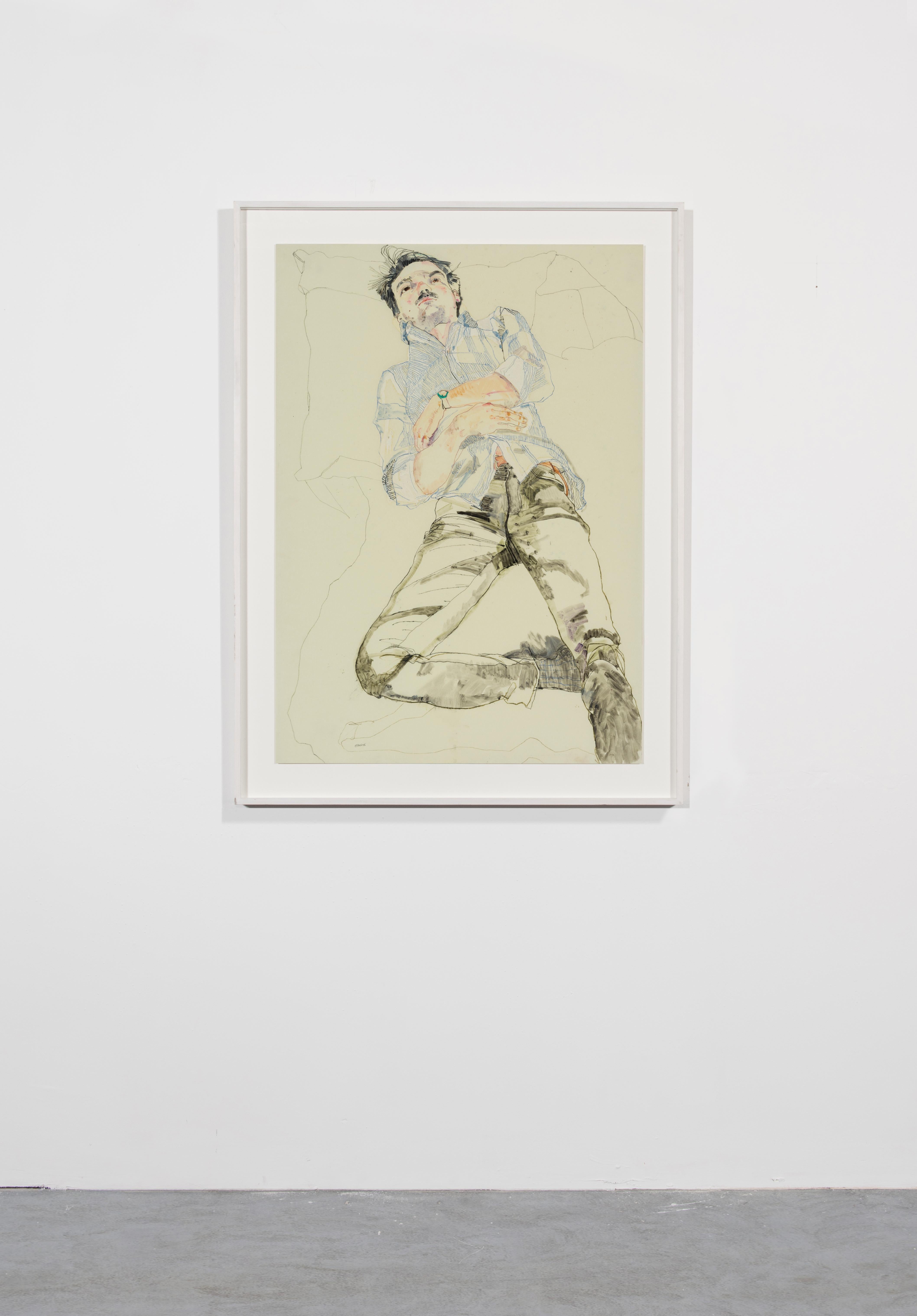 Oscar (Lying Back - Blue Stripe Shirt), Mixed media on Pergamenata parchment - Contemporary Painting by Howard Tangye