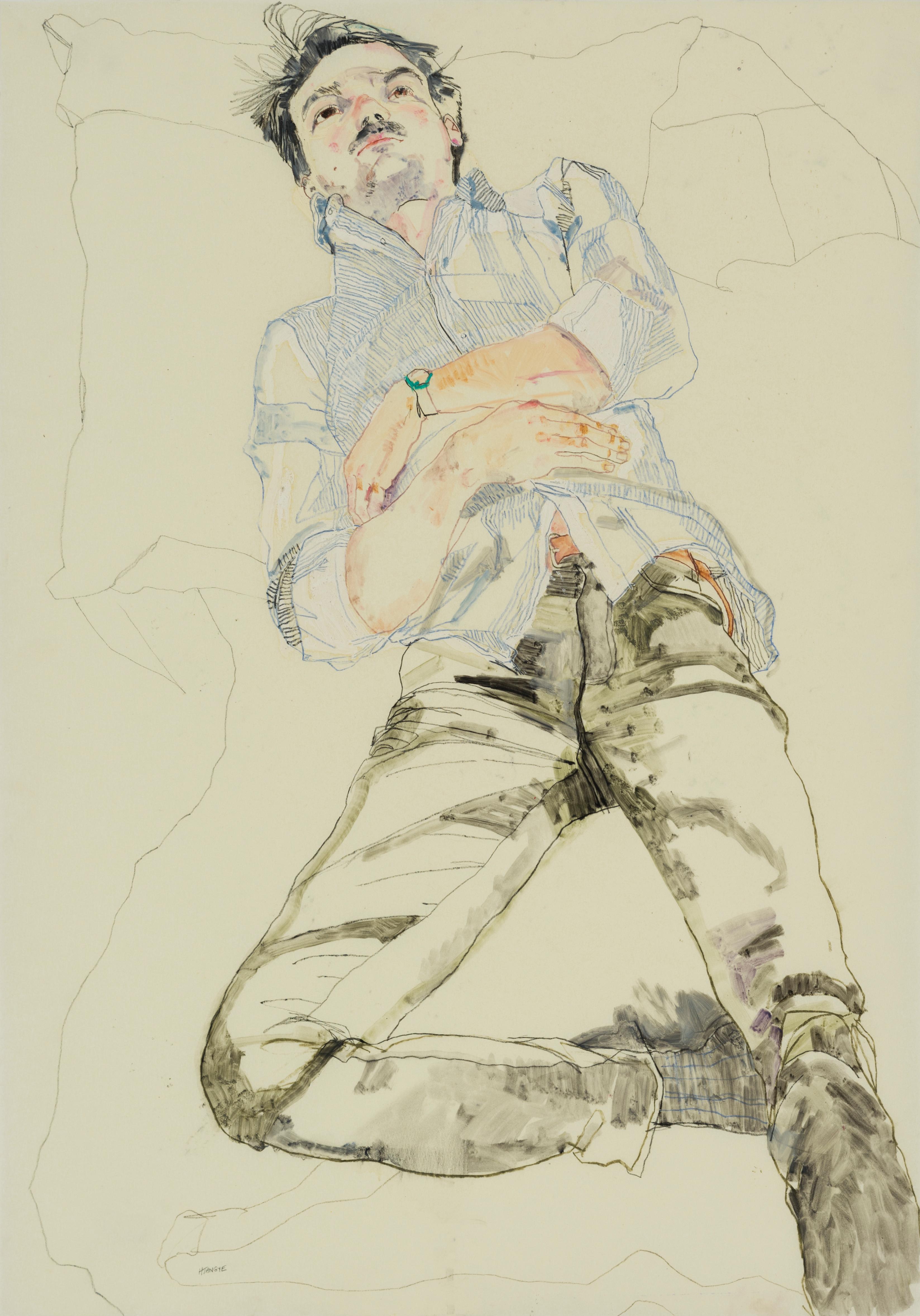 Howard Tangye Figurative Painting - Oscar (Lying Back - Blue Stripe Shirt), Mixed media on Pergamenata parchment