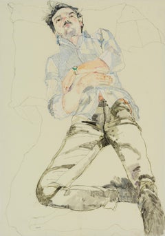 Oscar (Lying Back - Blue Stripe Shirt), Mixed media on Pergamenata parchment