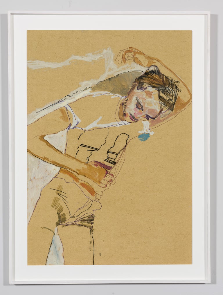 Oscar (Lying Back, Hand Behind Head, 3/4 Figure), Mixed media on ochre parchment - Painting by Howard Tangye