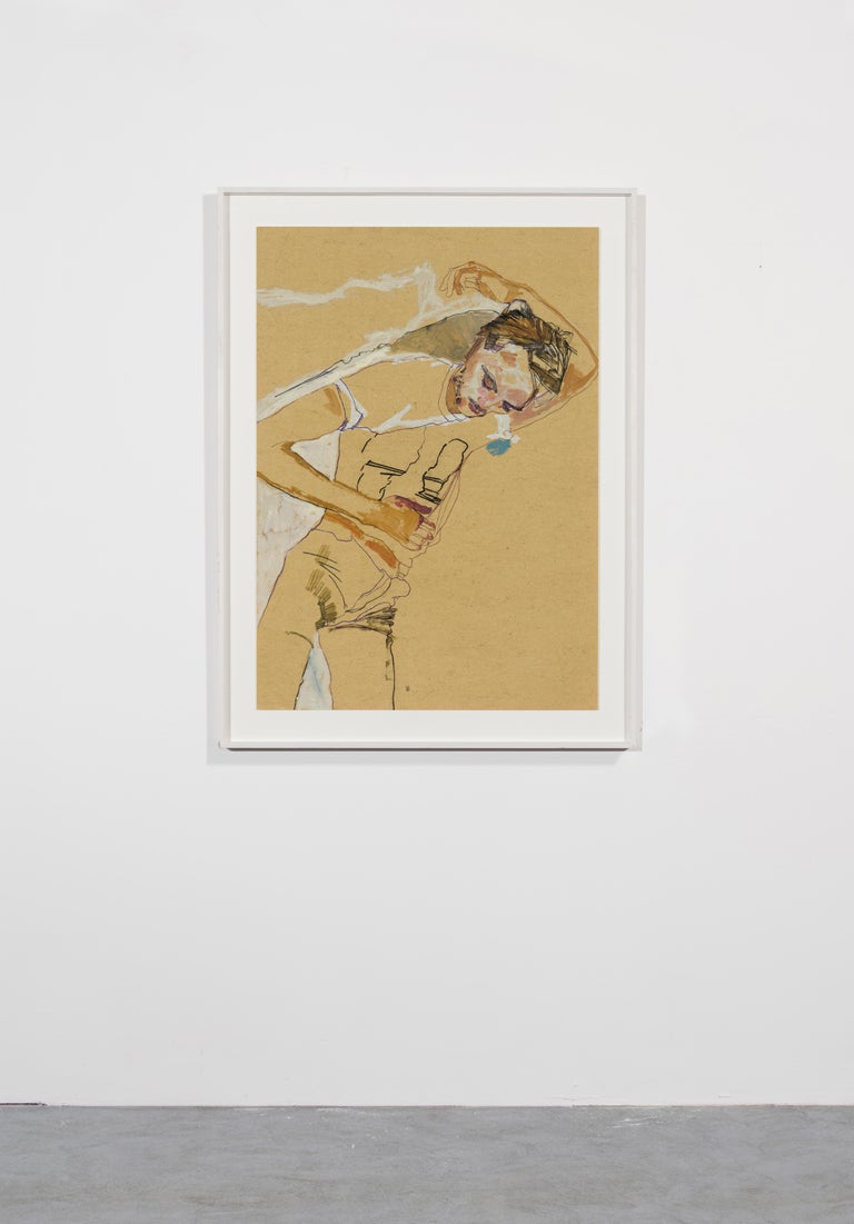 Oscar (Lying Back, Hand Behind Head, 3/4 Figure), Mixed media on ochre parchment - Contemporary Painting by Howard Tangye
