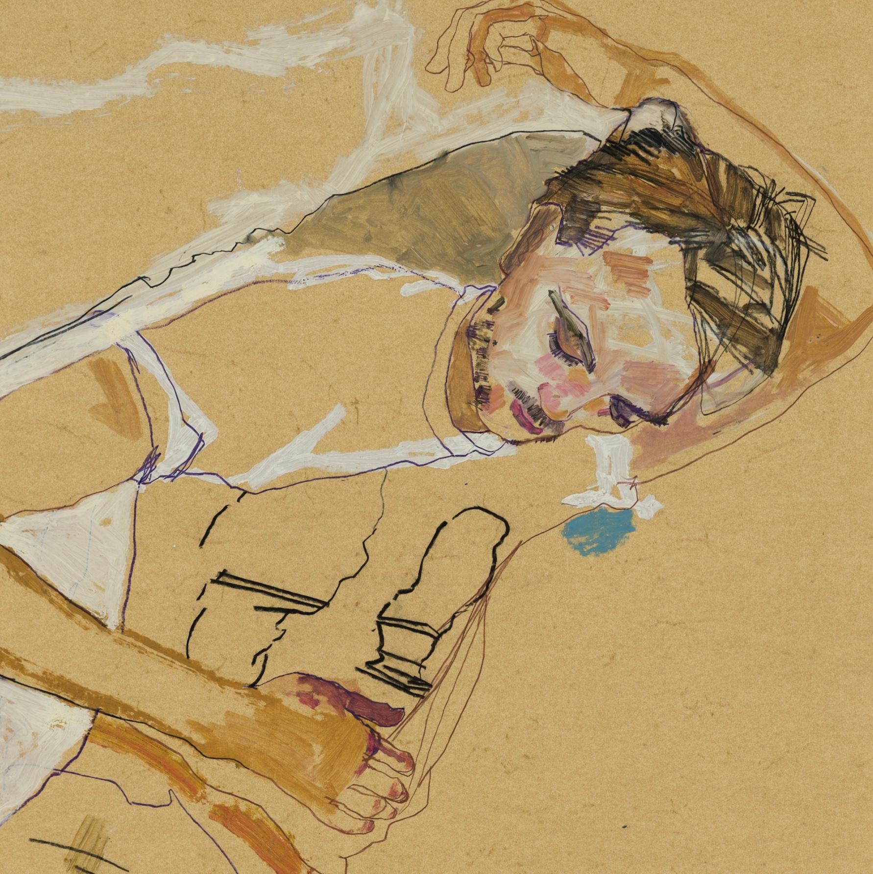 Oscar (Lying Back, Hand Behind Head, 3/4 Figure), Mixed media on ochre parchment - Brown Portrait Painting by Howard Tangye