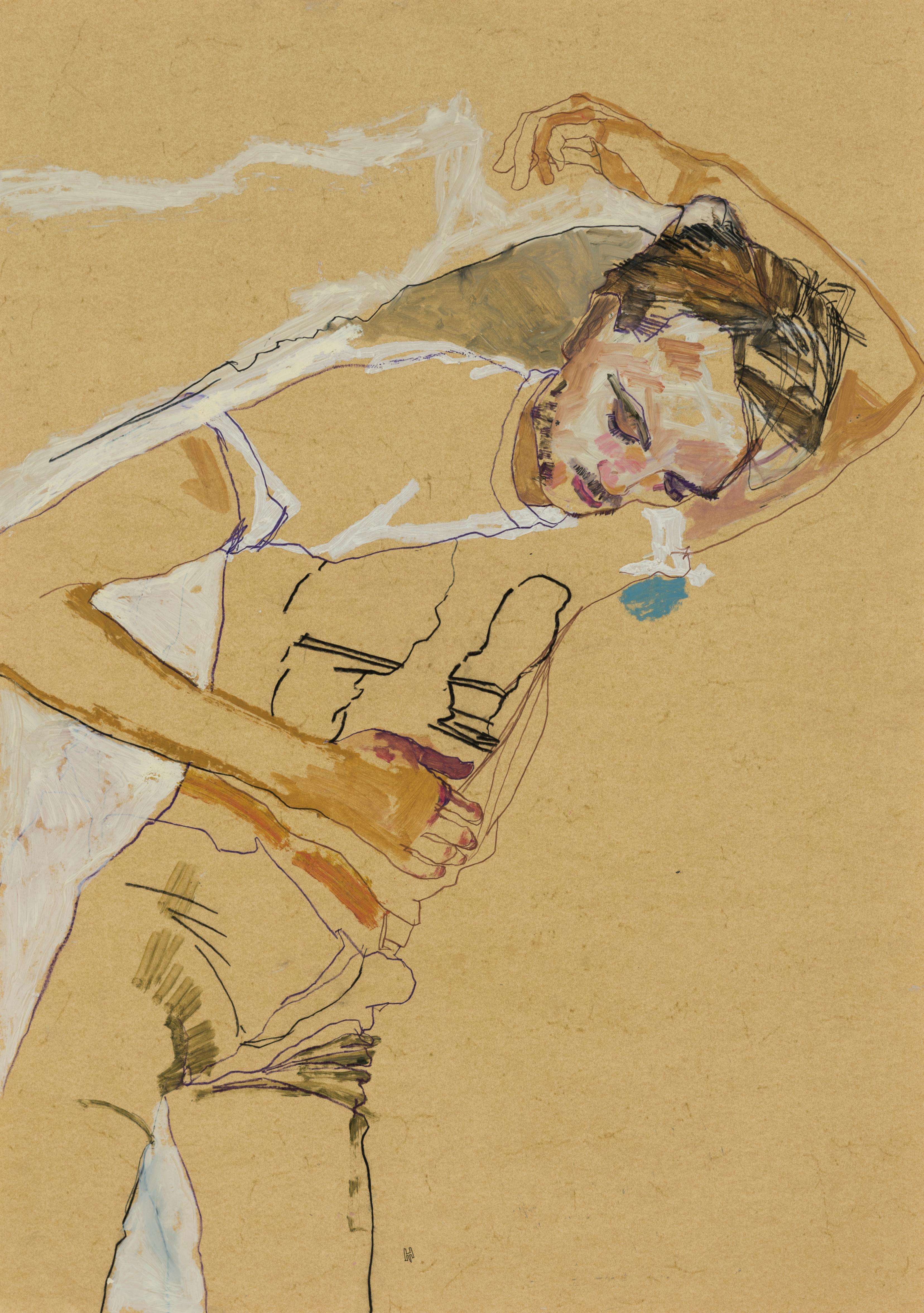 Oscar (Lying Back, Hand Behind Head, 3/4 Figure), Mixed media on ochre parchment