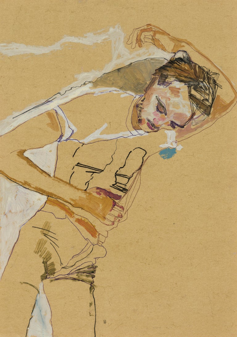 Howard Tangye Portrait Painting - Oscar (Lying Back, Hand Behind Head, 3/4 Figure), Mixed media on ochre parchment