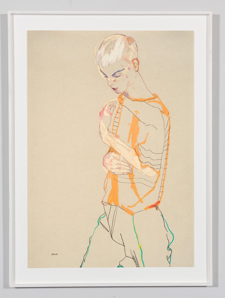Philip Ellis (Standing - Stripe Top), Mixed media on Pergamenata parchment  - Painting by Howard Tangye