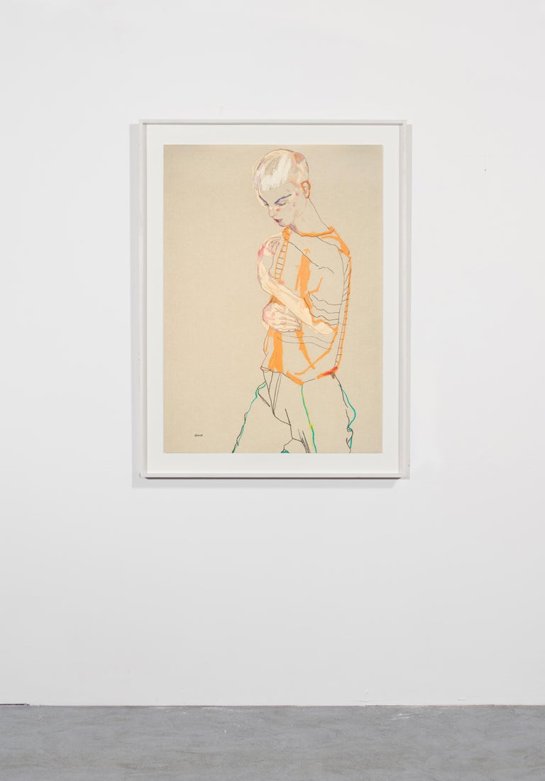 Philip Ellis (Standing - Stripe Top), Mixed media on Pergamenata parchment  - Contemporary Painting by Howard Tangye