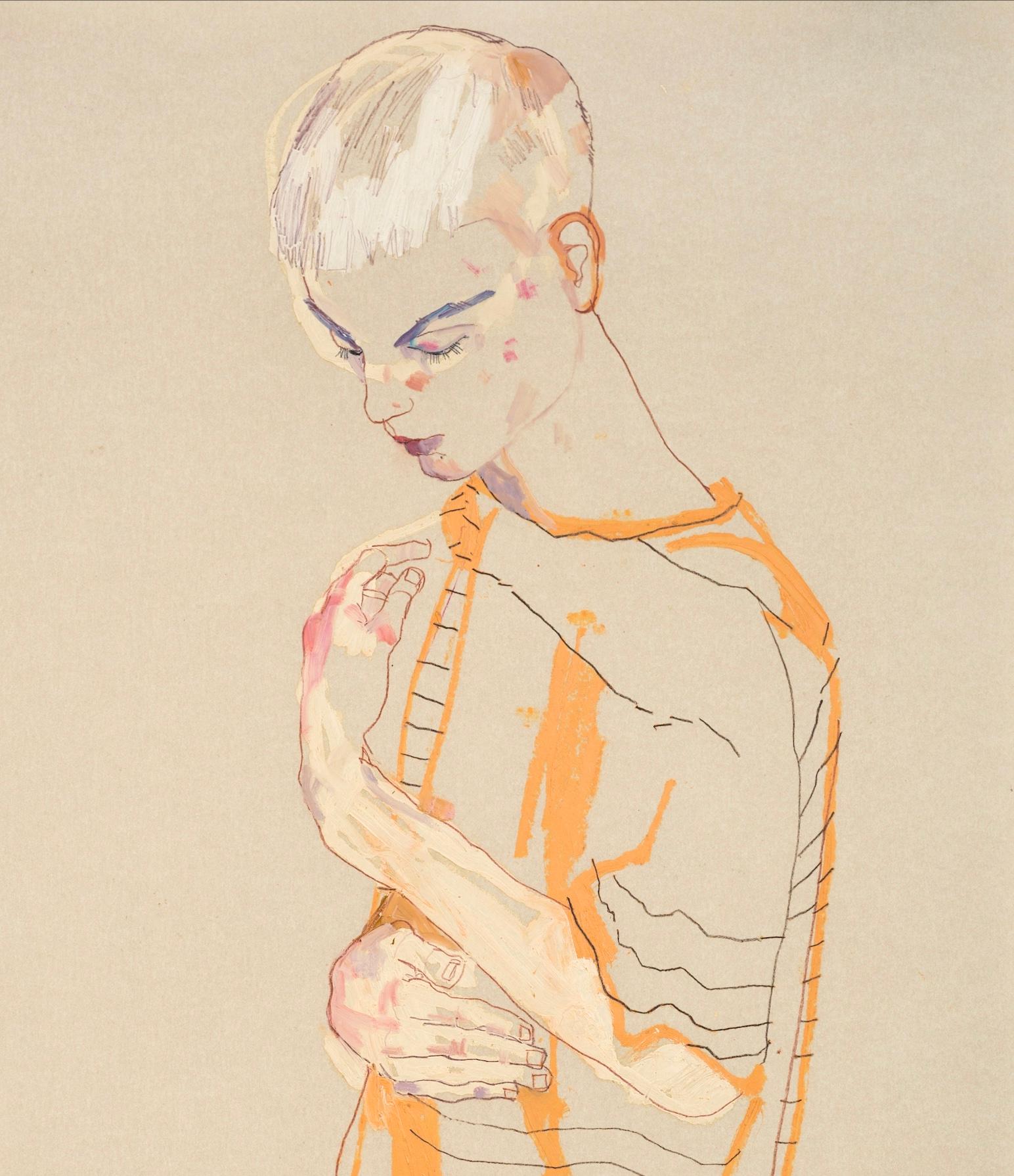 Philip Ellis (Standing - Stripe Top), Mixed media on Pergamenata parchment  - Beige Figurative Painting by Howard Tangye