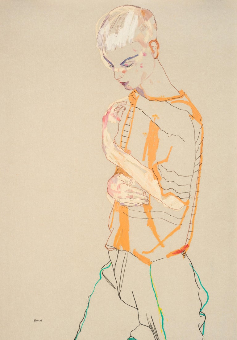 Howard Tangye Figurative Painting - Philip Ellis (Standing - Stripe Top), Mixed media on Pergamenata parchment 