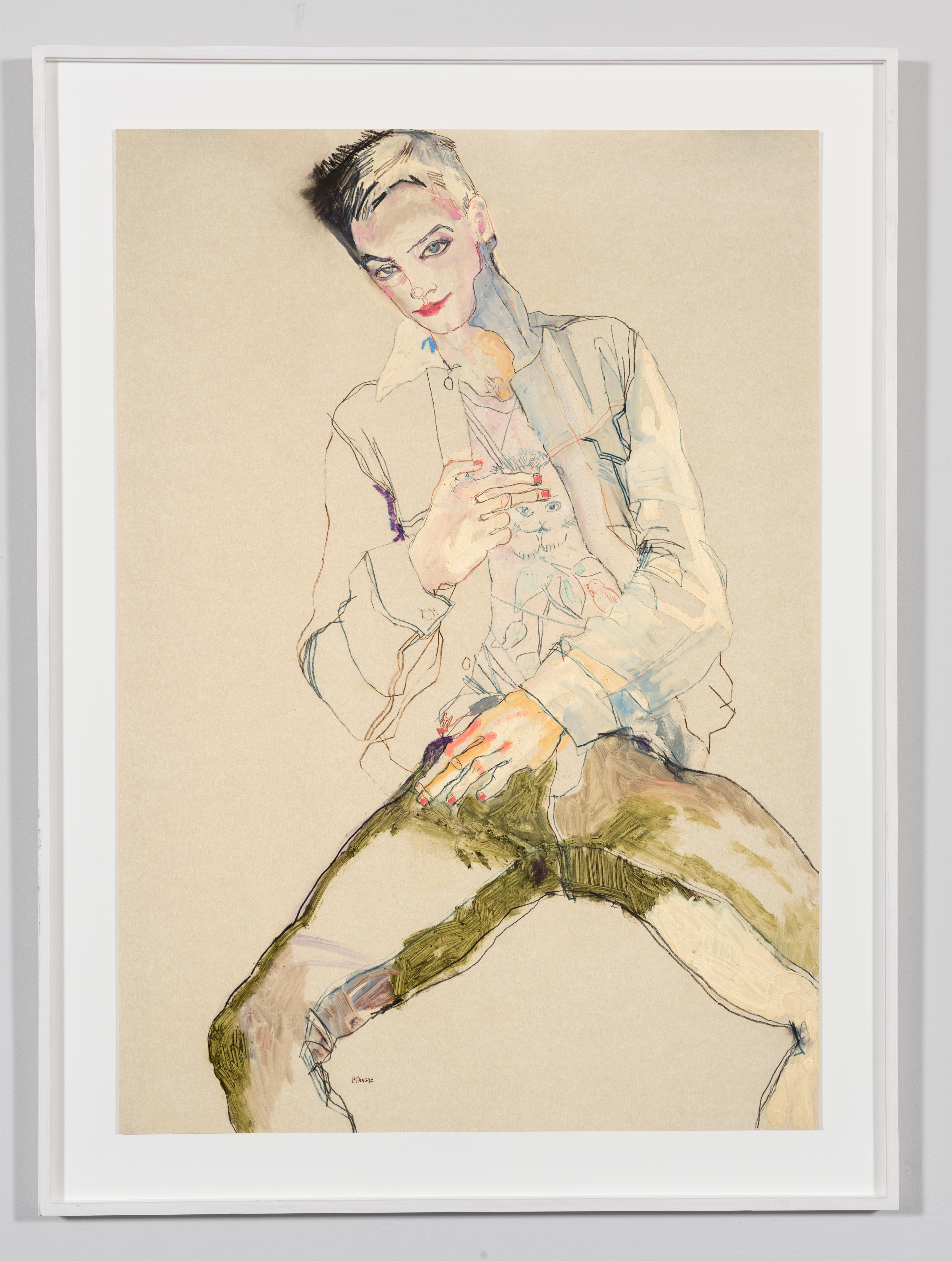 Rock Star (Sitting), Mixed media on Pergamenata parchment - Painting by Howard Tangye