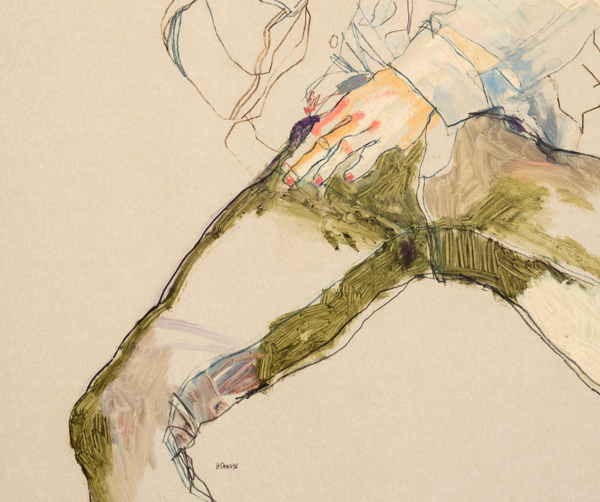 Rock Star (Sitting), Mixed media on Pergamenata parchment - Beige Portrait Painting by Howard Tangye