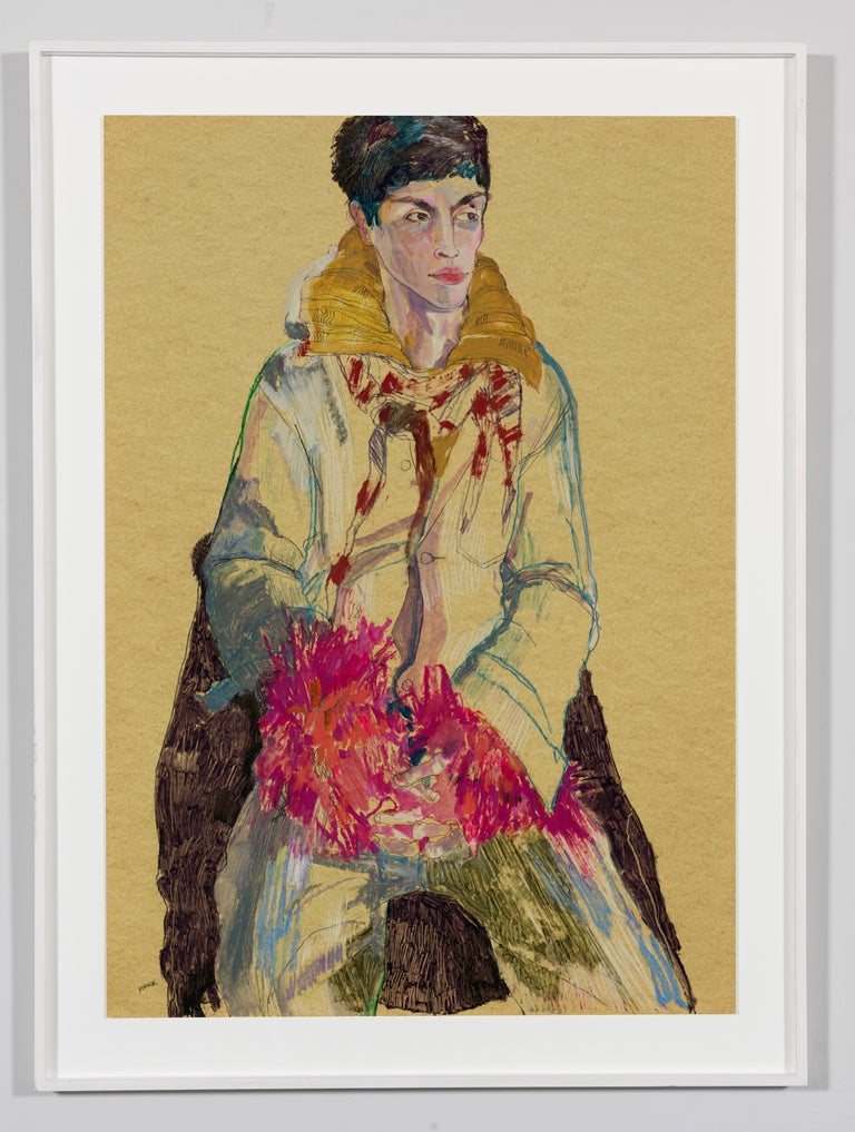 Ruslan (Swedish Boy), Mixed media on ochre parchment - Painting by Howard Tangye